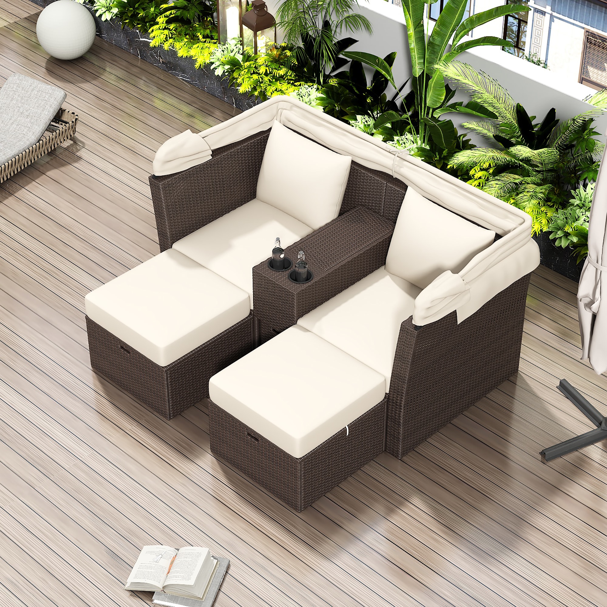 Forclover R4FW-009BE Rattan Patio Conversation Set with Off-white Cushions