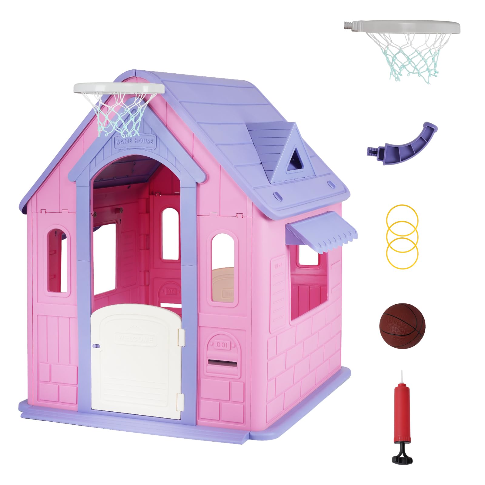GarveeLife American Cottage Style Children Playhouse for Indoor and Outdoor  with Basketball Ring  Launch Rings Mailbox and Door