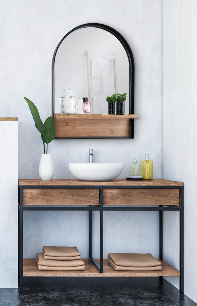 Arch Black Framed Wall Mirror with Wood Ledge