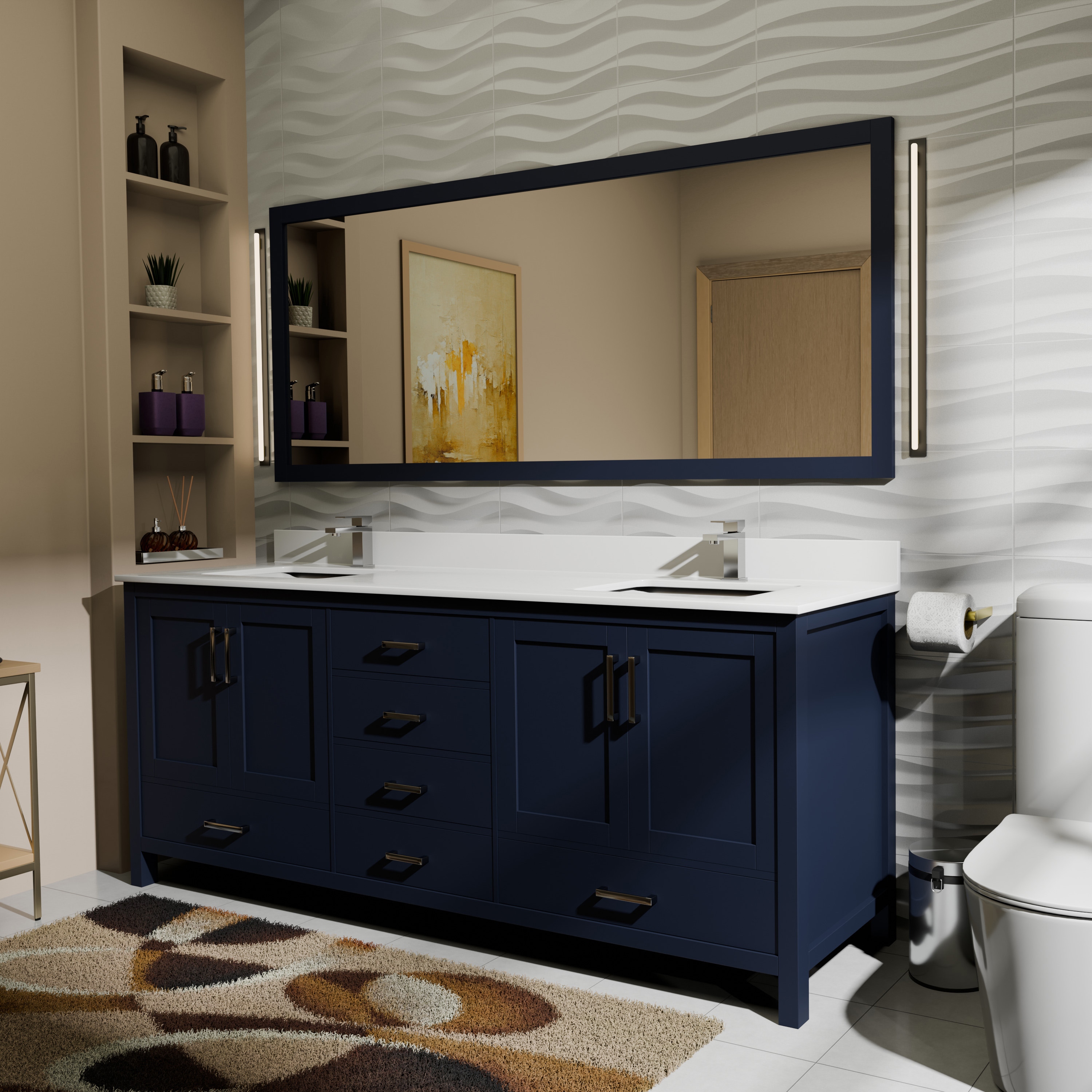 Lexora Jacques 72-in Navy Blue Undermount Double Sink Bathroom Vanity with White Quartz Top (Faucet Included) (Fully Assembled)