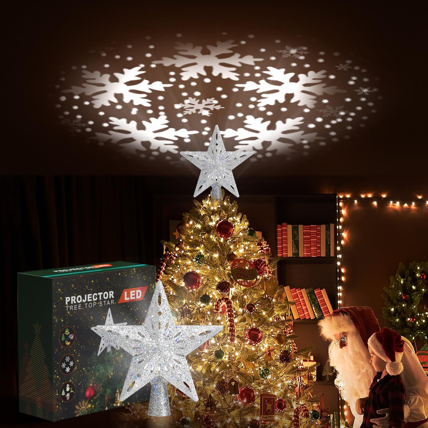 Etokfoks Christmas tree topper lighted silver star with 6 switchable ...