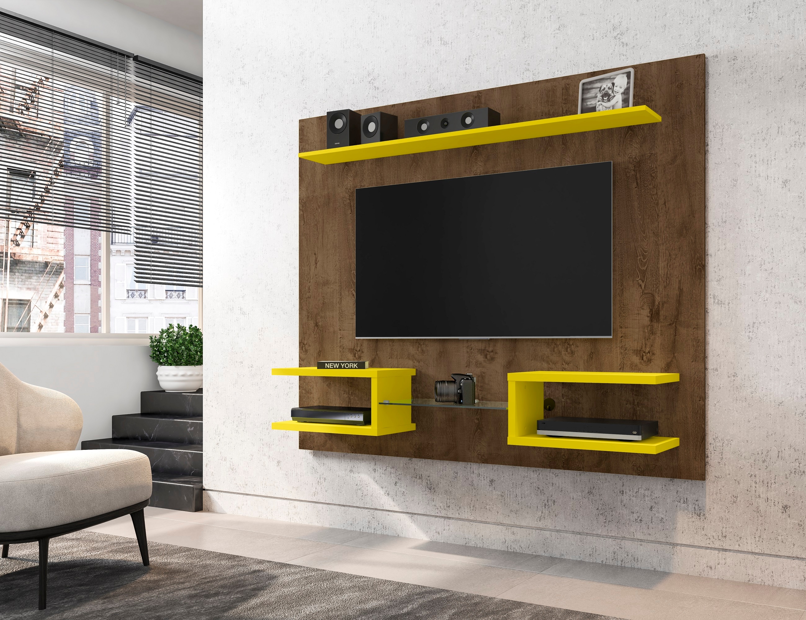 Manhattan Comfort 224BMC94 Plaza Modern/Contemporary Rustic Brown and Yellow Wall-mounted Integrated Tv Mount (Accommodates TVs up to 50-in)