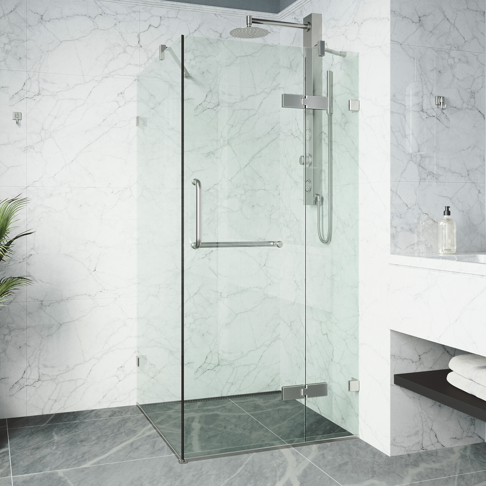 VIGO VG6011BNCL36 Monteray Brushed Nickel 46-in W x 73-in H Frameless Corner Hinged Shower Door 3/8-in Thick Clear Glass