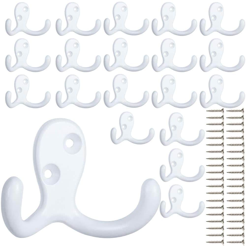 Yichuhaoxi  20 Pack Heavy Duty Wall Mounted Double Prong Coat Hooks with 40 Screws Utility Hooks for Towel Bag Hat Key Cup Scarf and More