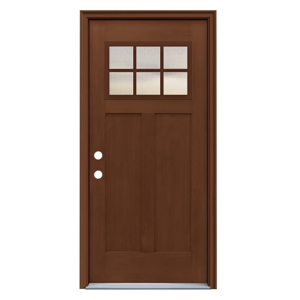JELD-WEN LOWOLJW232200012 36-in x 80-in x 4-9/16-in Fiberglass Craftsman Right-hand inswing Dark Chocolate Stained Prehung Front Door with Brickmould Insulating core