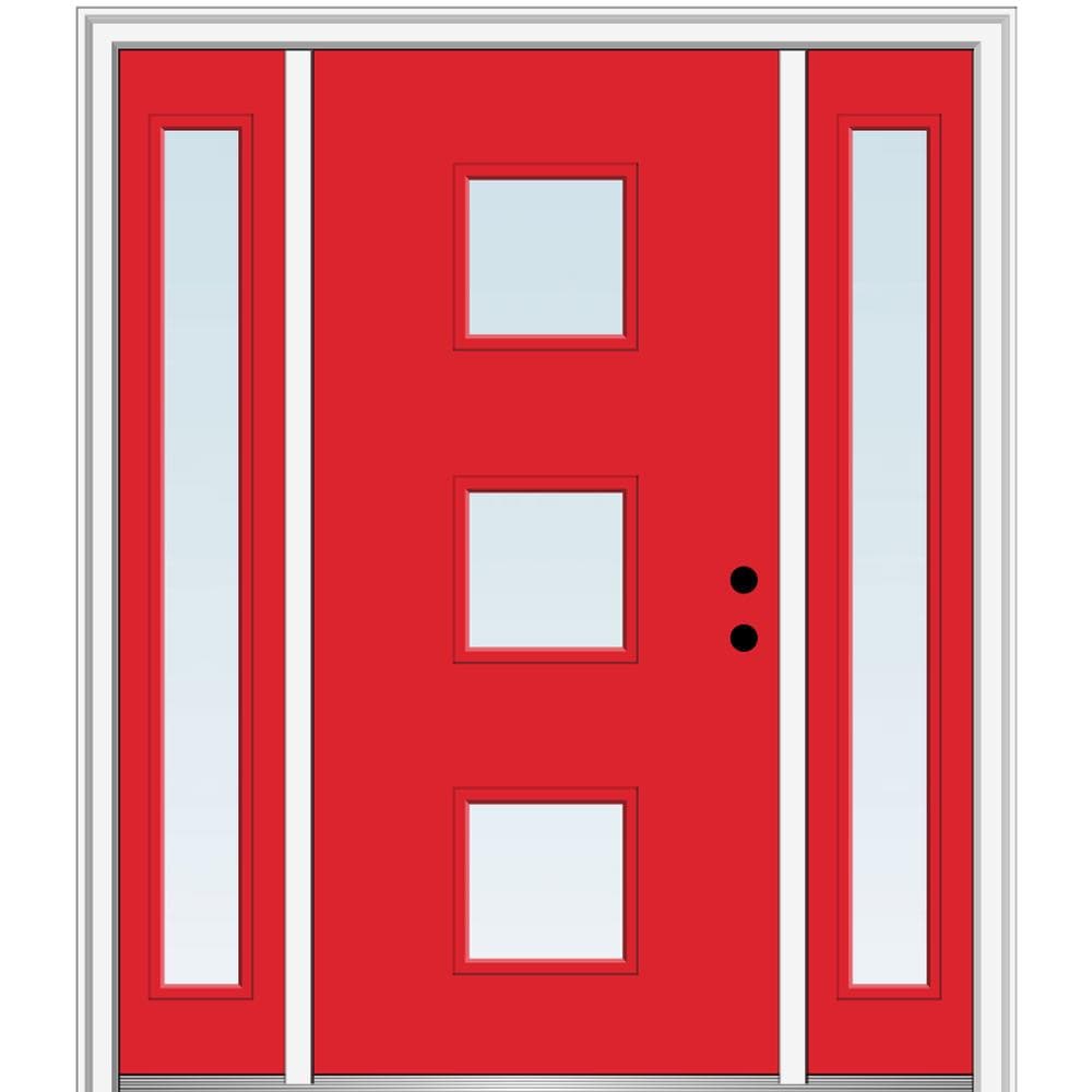 MMI DOOR ZZ348798L Spotlights 60-in x 80-in x 6-9/16-in Fiberglass Pulse lite Left-hand inswing Red Saffron Painted Prehung Front Door with Sidelights with Brickmould Insulating core
