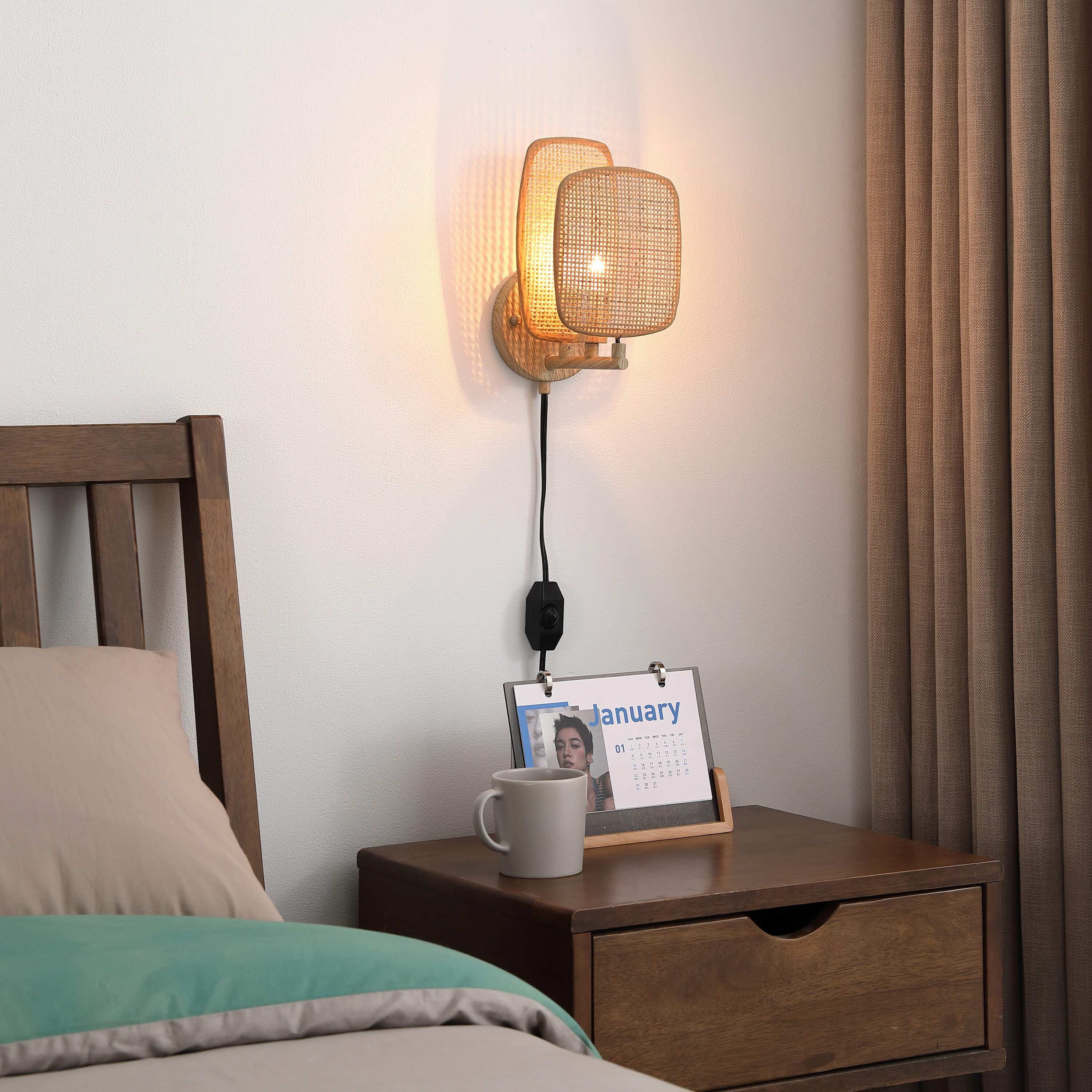 Natural Woven Bamboo Plug-in Wall Sconce with Dimmer