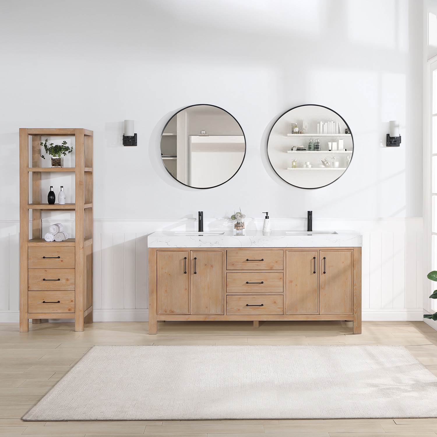 Vinnova 703872-FN-LW León 72-in Fir Wood Brown Finish Undermount Double Sink Bathroom Vanity with Lightning White Engineered Stone Top (Mirror Included)