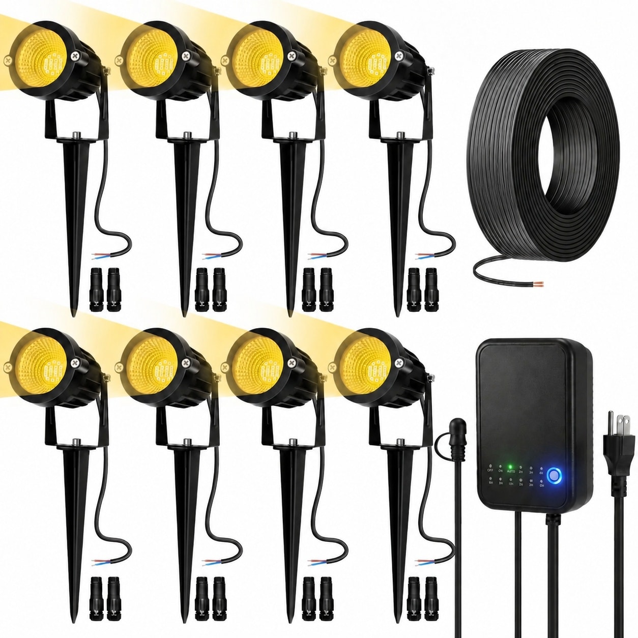 AOIZGMY Low Voltage Landscape Lighting Kit 8 Pack 6W LED Spotlights 80W Transformer with Photocell Timer 80FT 16/2 AWG Wire Connectors Waterproof #LAZ0502A16