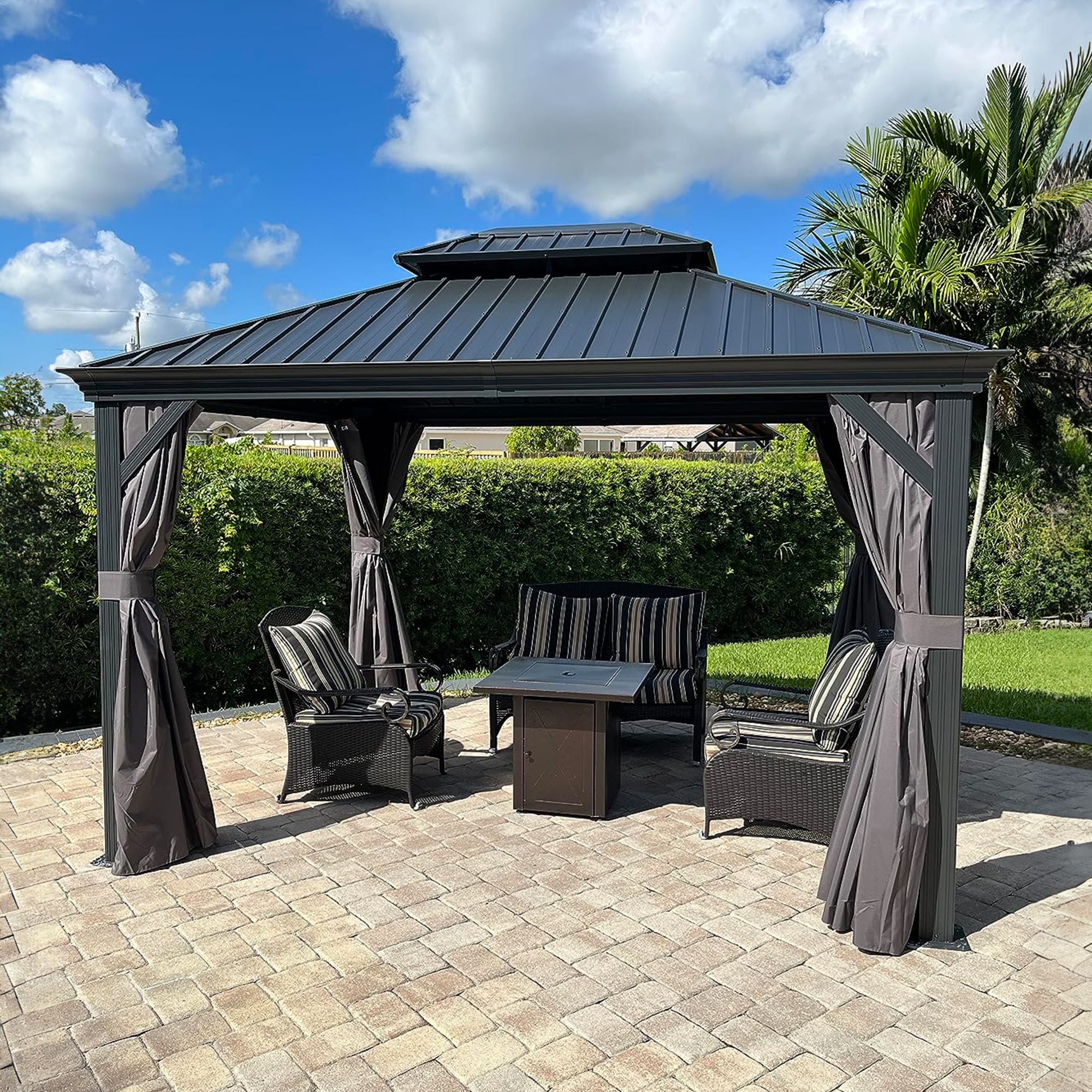 12-ft x 10-ft Gazebo Rectangle Grey Metal Steel Roof Gazebo with Screen Included | - PURPLE LEAF LS04GHTG1012