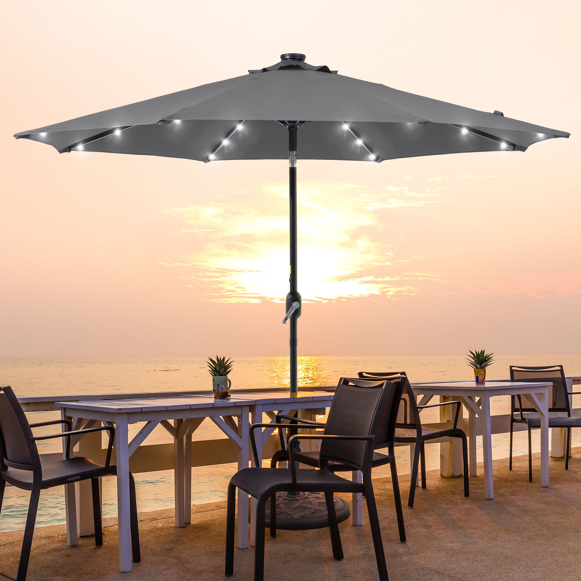 ACEGOSES 9-ft Steel Gray Push-button Tilt Market Patio Umbrella with Lights #LW-R-09A-LED