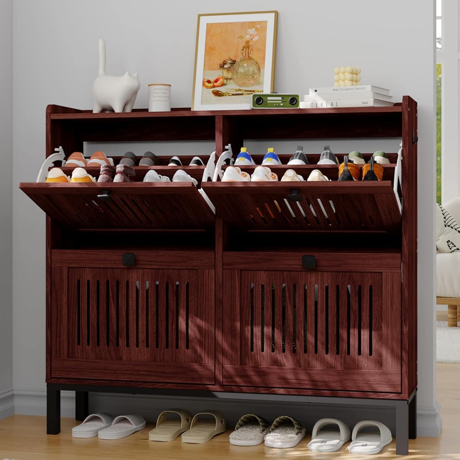 front door closed shoe rack for entryway Garvee 4-Door Flip Front Shoe Cabinet with Adjustable Shelves Hidden Entryway  Storage Organizer for Hallway Foyer Living Room Freestanding Wooden Shoe  Rack with Large Capacity Modern Design Walnut in the