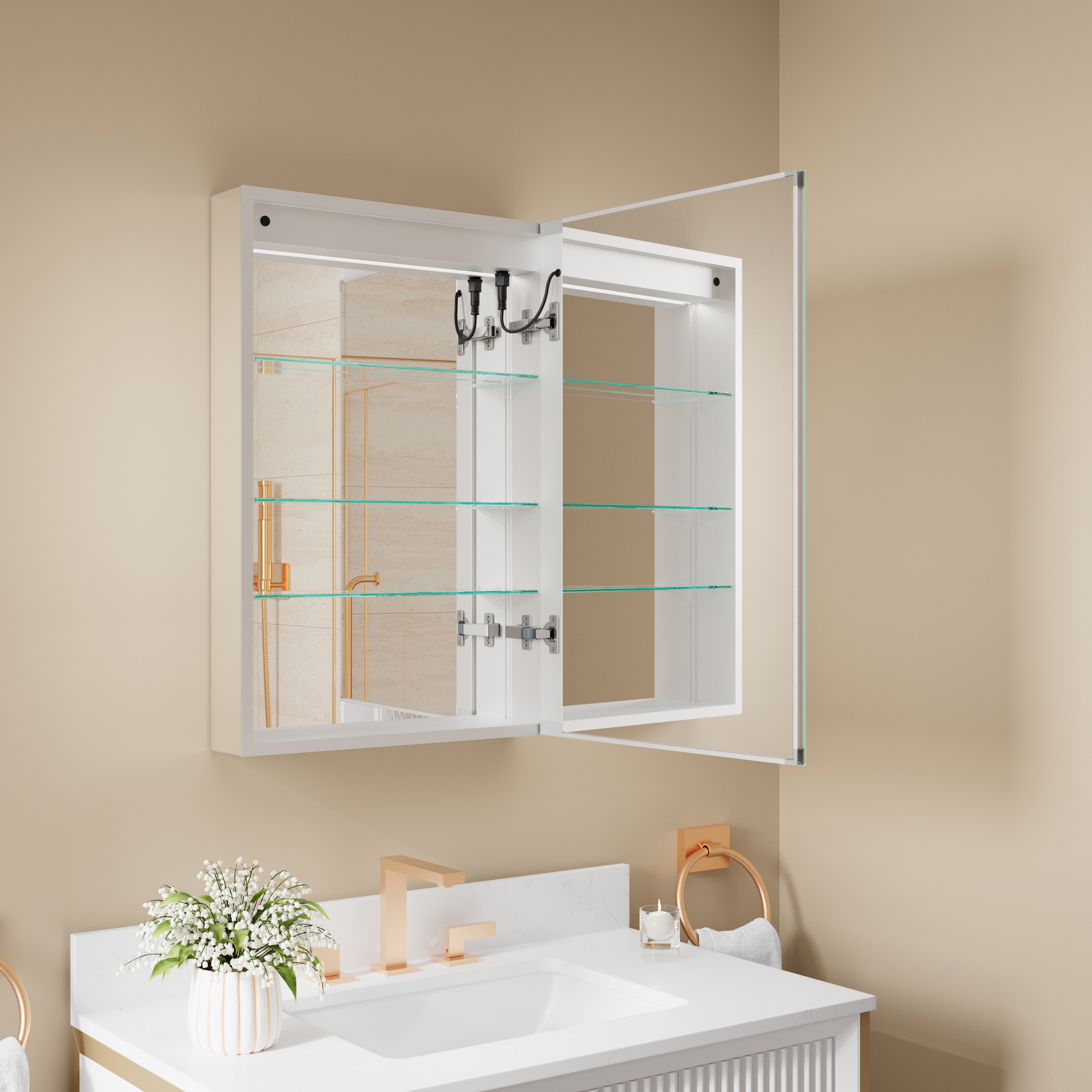 CALVON CLW42030R VIVI LED Medicine Cabinet 20-in x 30-in Lighted LED Fog Free Surface/Recessed Mount Silver Mirrored Rectangle Soft Close Medicine Cabinet with Outlet