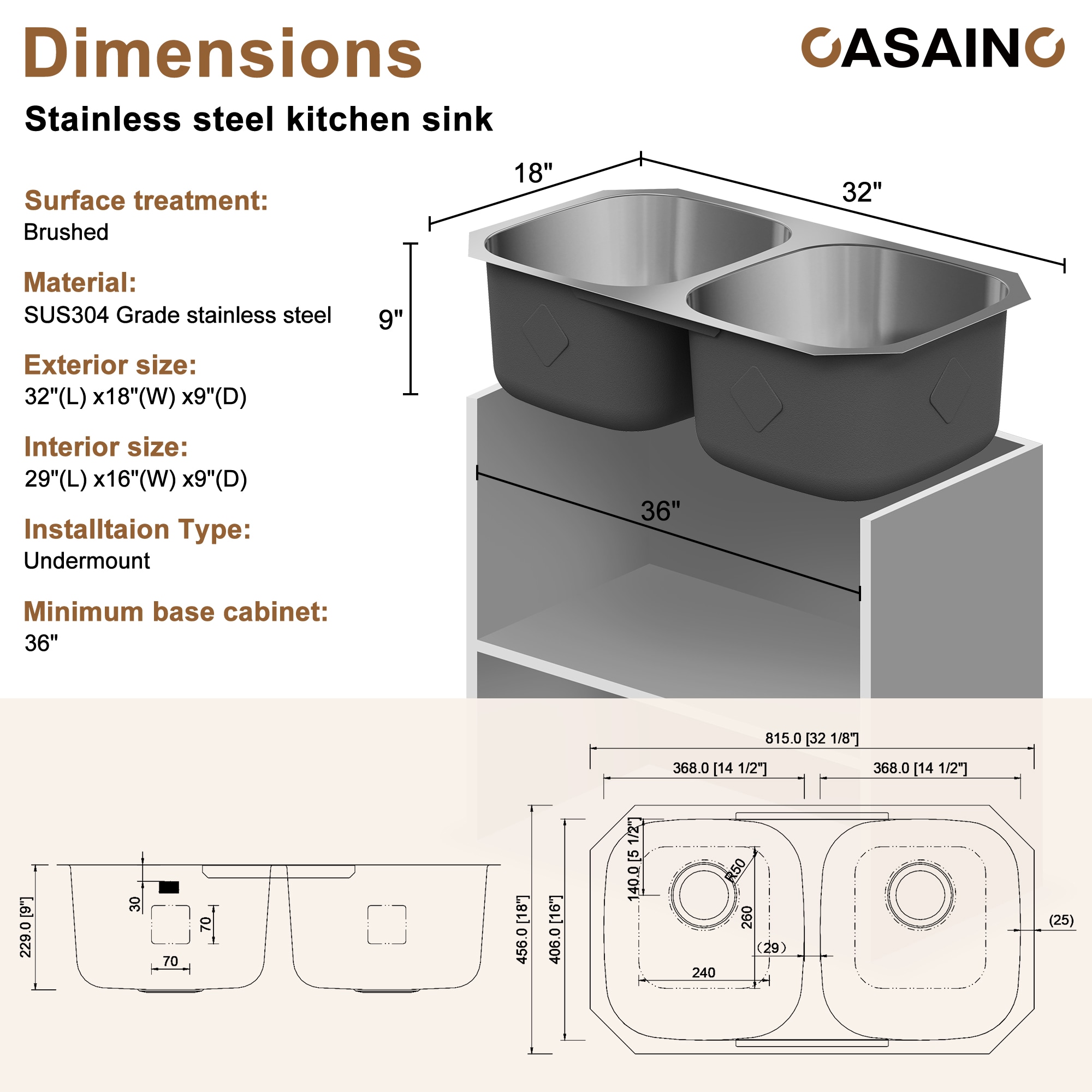 32'' Stainless Steel Double Bowl Undermount Kitchen Sink
