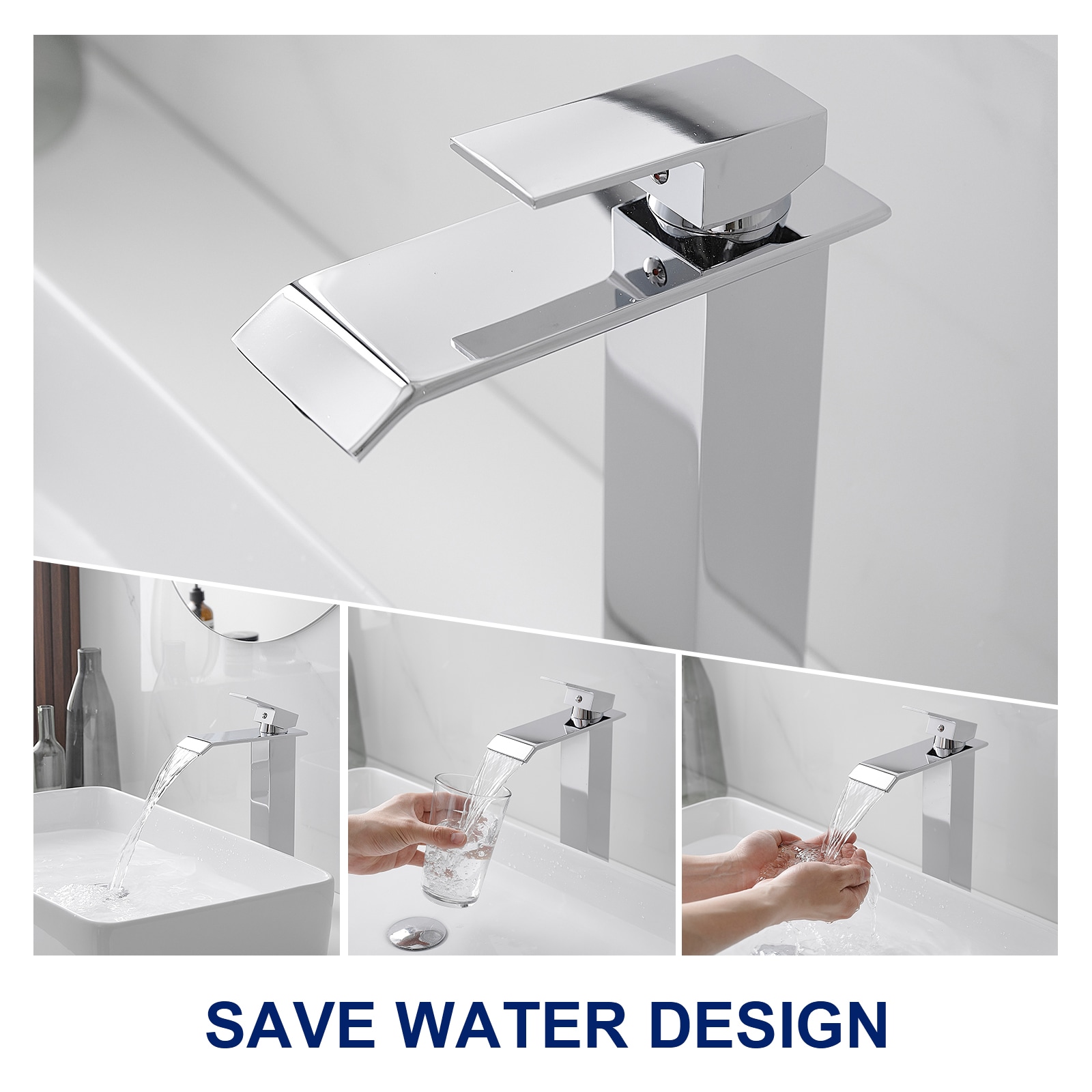 Polished Chrome Waterfall Vessel Sink Faucet with Pop-Up Drain