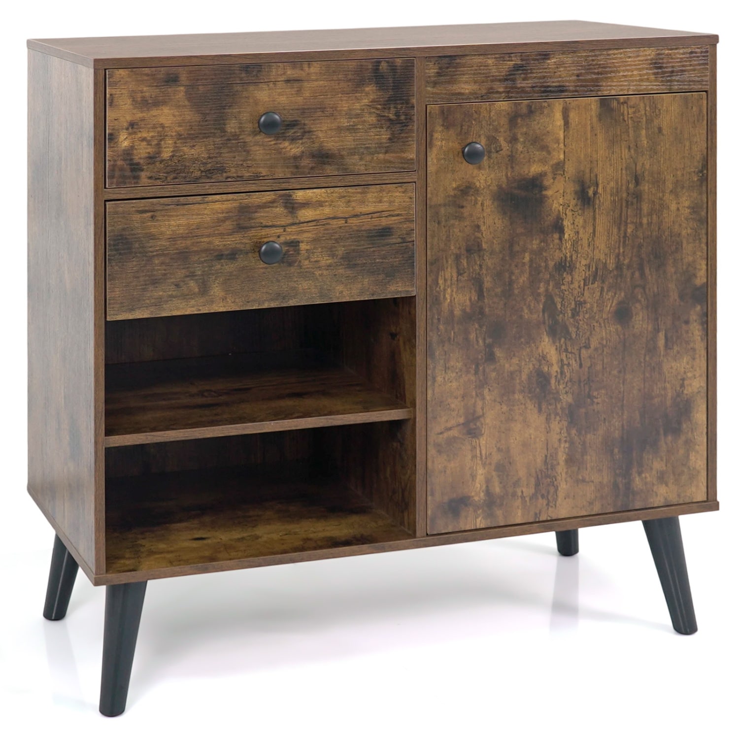Slickblue - Rustic Brown/White/Natural Buffet Cabinet with 2 Drawers Open Shelves and Single Door...