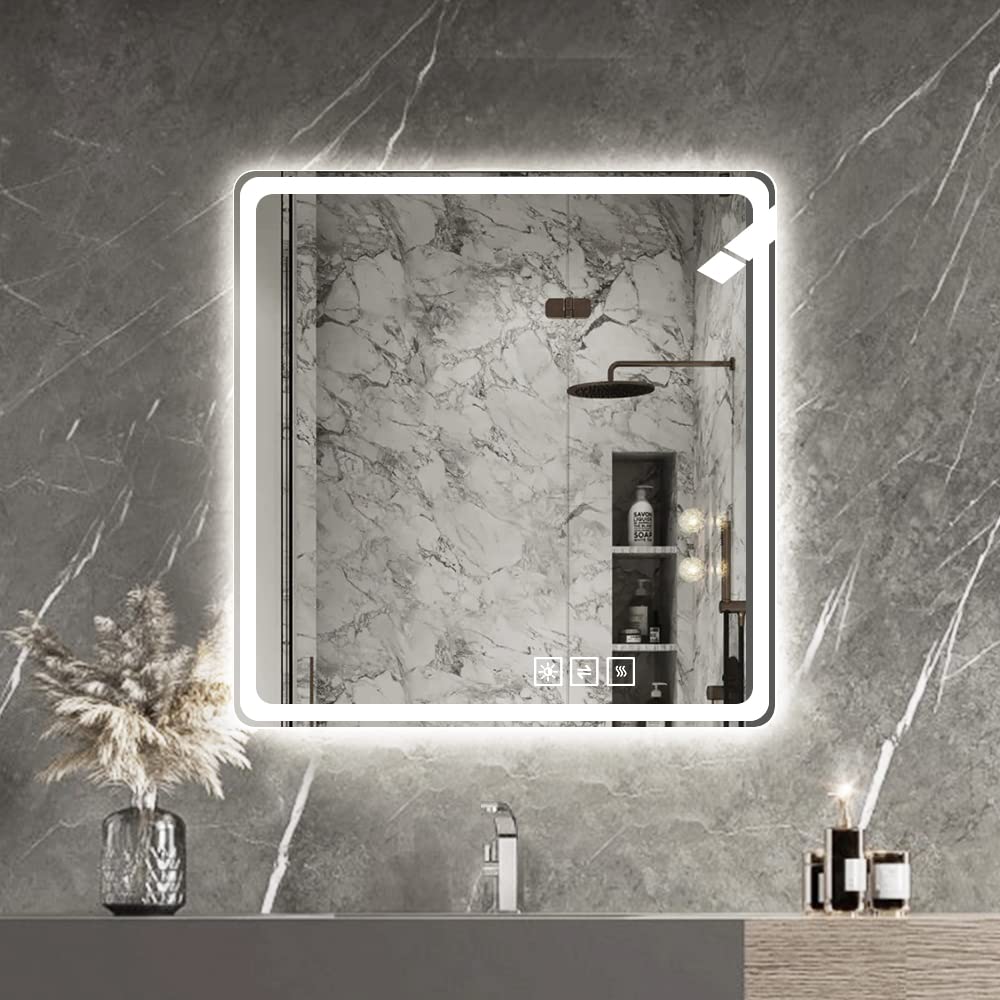 LUXEYARD 36X36 Inch LED Bathroom Mirror Vanity Mirrors with Front Lights Wall Mounted Anti-Fog Frameless Make Up Mirror with Light 5 mm Copper-Free Silver Mirror Horizontal or Vertical