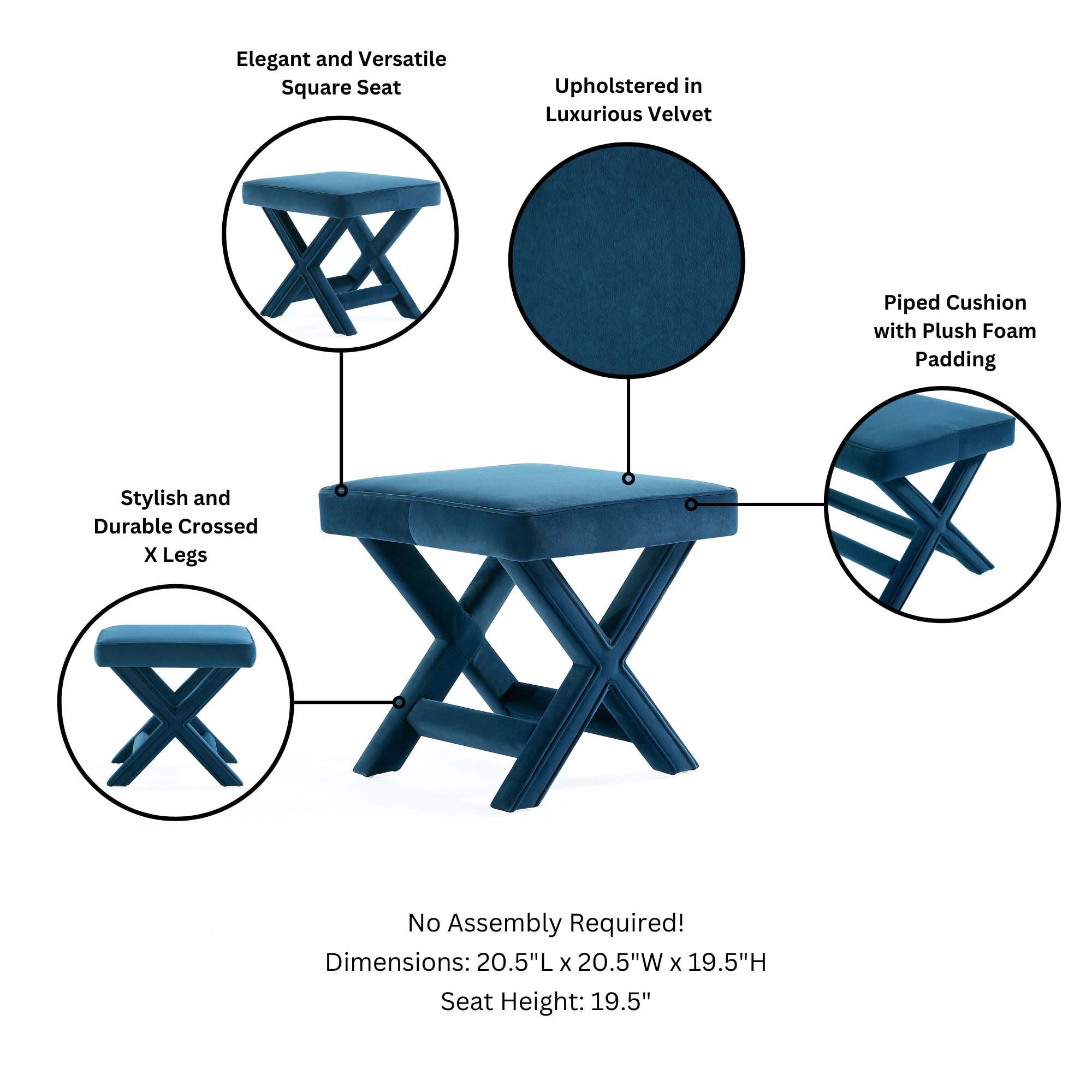 Abigail Blue Velvet Upholstered X-Base Ottoman