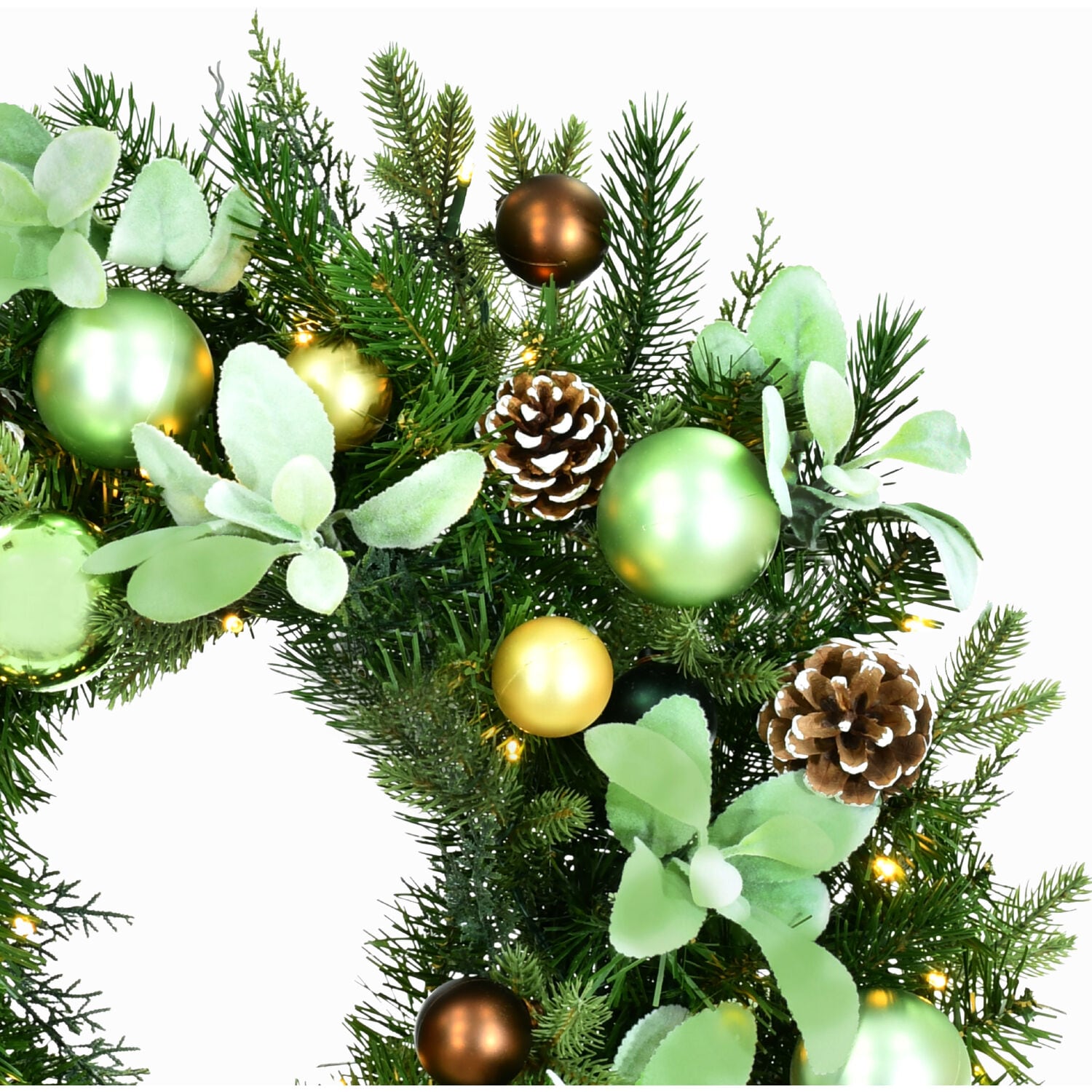 24-Inch Green and Brown Artificial Christmas Wreath with Pinecones and LED Lights