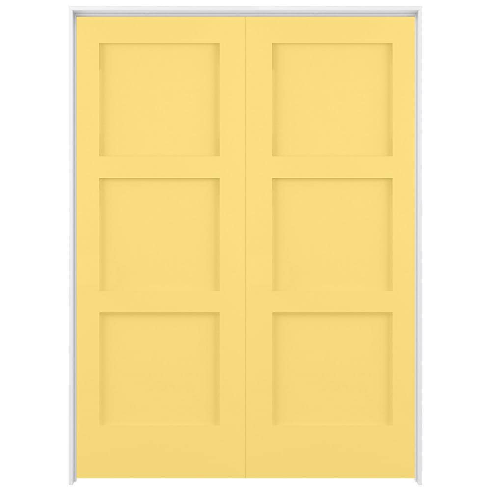 RELIABILT LO1369414 56-in x 80-in Marigold Solid core 3-panel square Reversible/Universal Smooth Prefinished Pine Wood Flat Jamb Double Prehung Interior Door