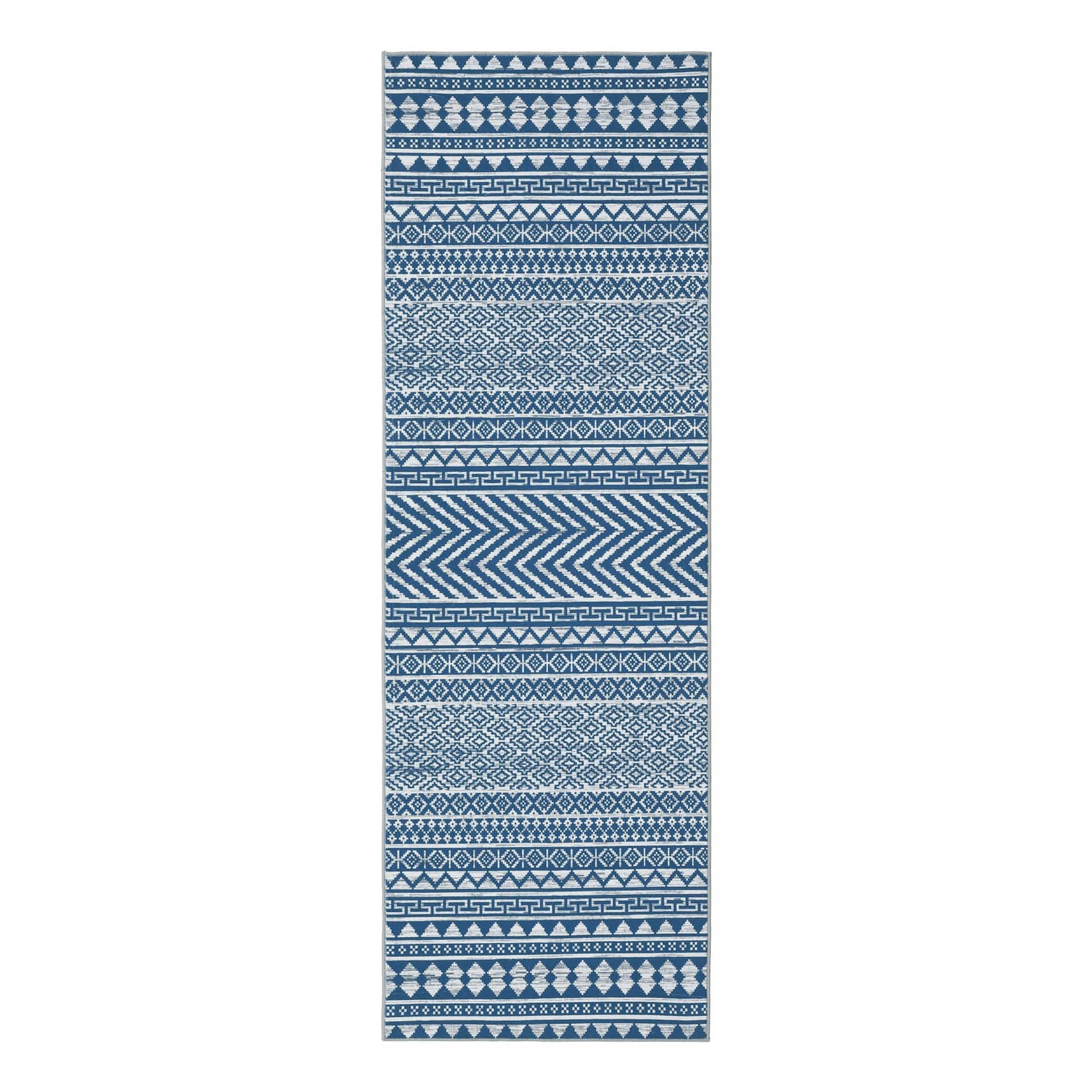 Qeetex SUNNY-PHO-15DJFOFW 2 x 6 ft Polyester Blue Rectangular Dining Room Laundry Bathroom Kitchen Geometric Stripped Print Modern Machine Washable Runner Rug