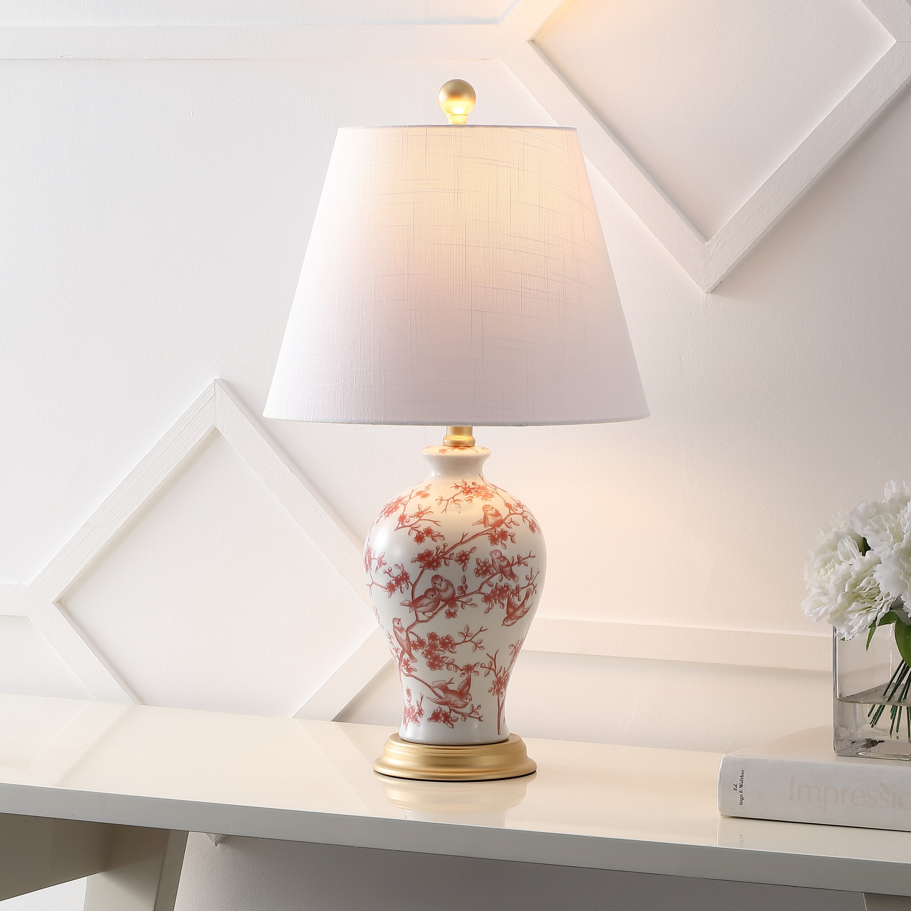 JONATHAN  Y JYL3009C Grace Chinoiserie Floral Urn Bird Ceramic/Iron 24-in White/Red LED Rotary socket Table Lamp with Linen Shade