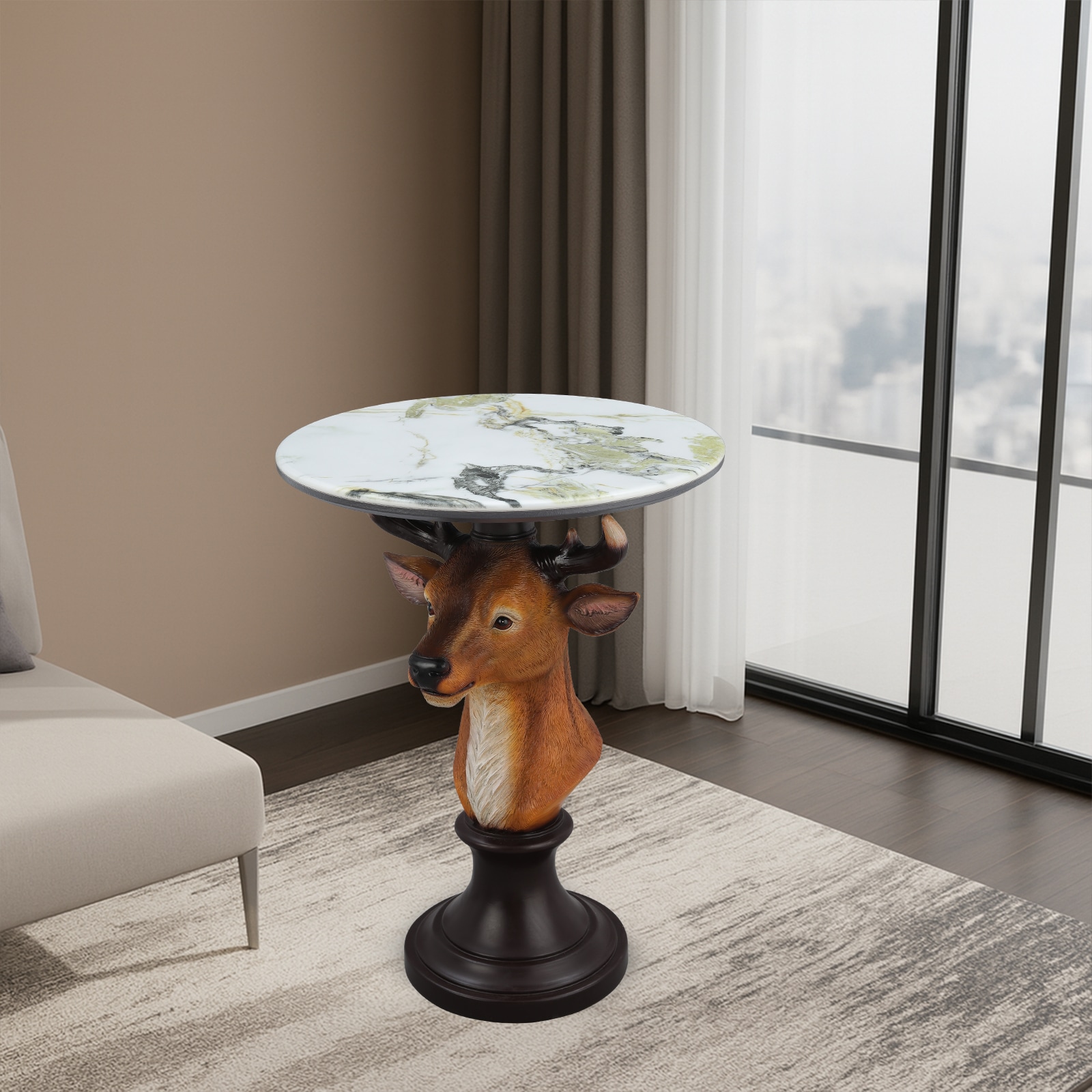 GDFStudio Deer Head Accent Table Animal Statue 17.7in W x 23.6in H Resin End Table with Faux Marble Top for Living Room Furniture Rustic Cabin Decor
