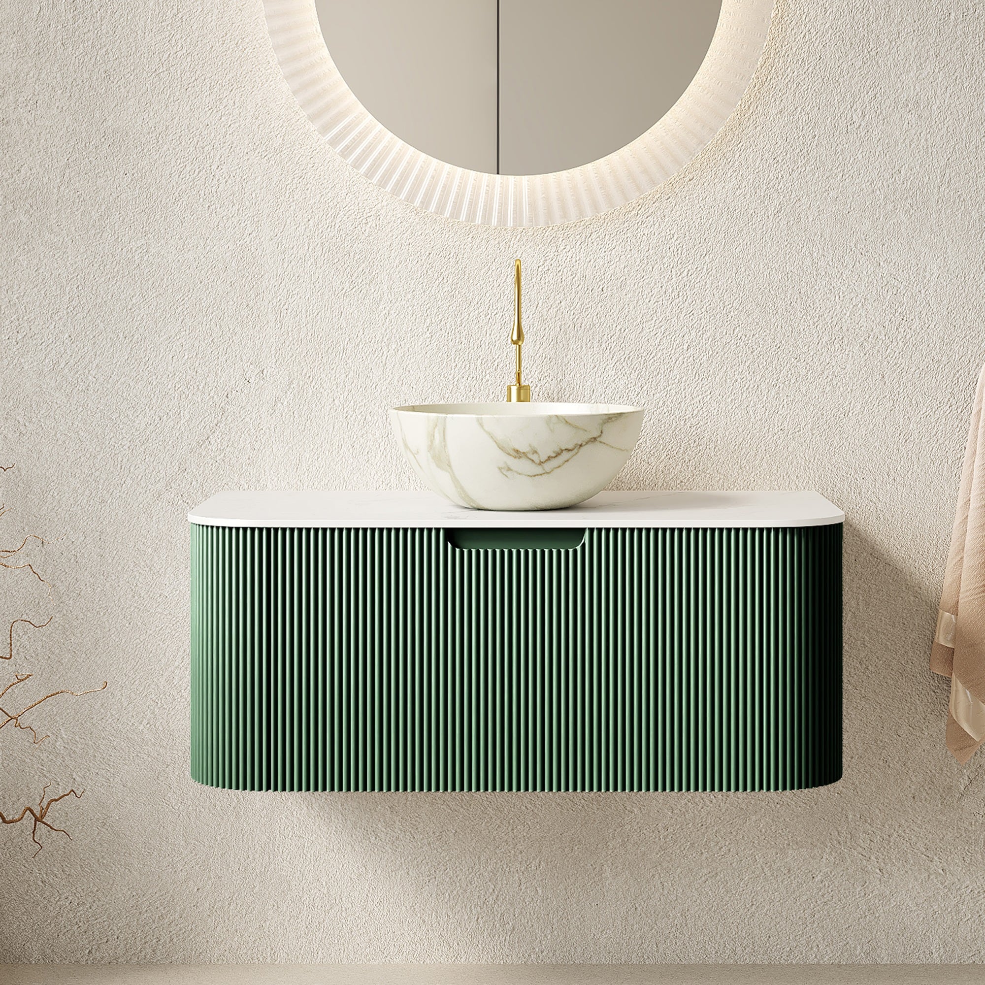 HyperDrop Cart 36-in Dark Green Plywood Floating Bathroom Vanity Cabinet with Sintered Stone Top
