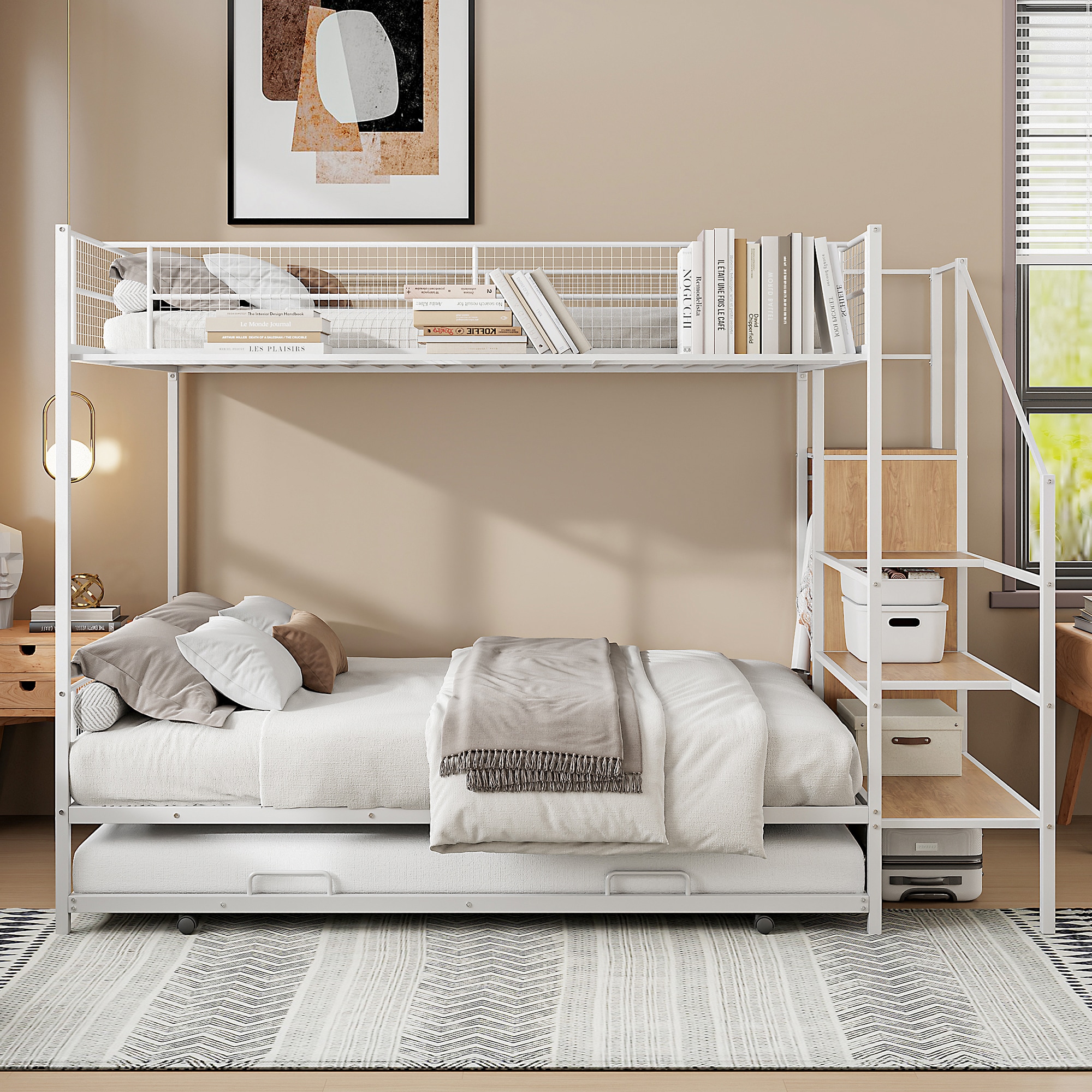 ModernLuxe L3P-SF000173AAK Twin Over Full Metal Bunk Bed with Trundle and Lateral Storage Ladder and Wardrobe White
