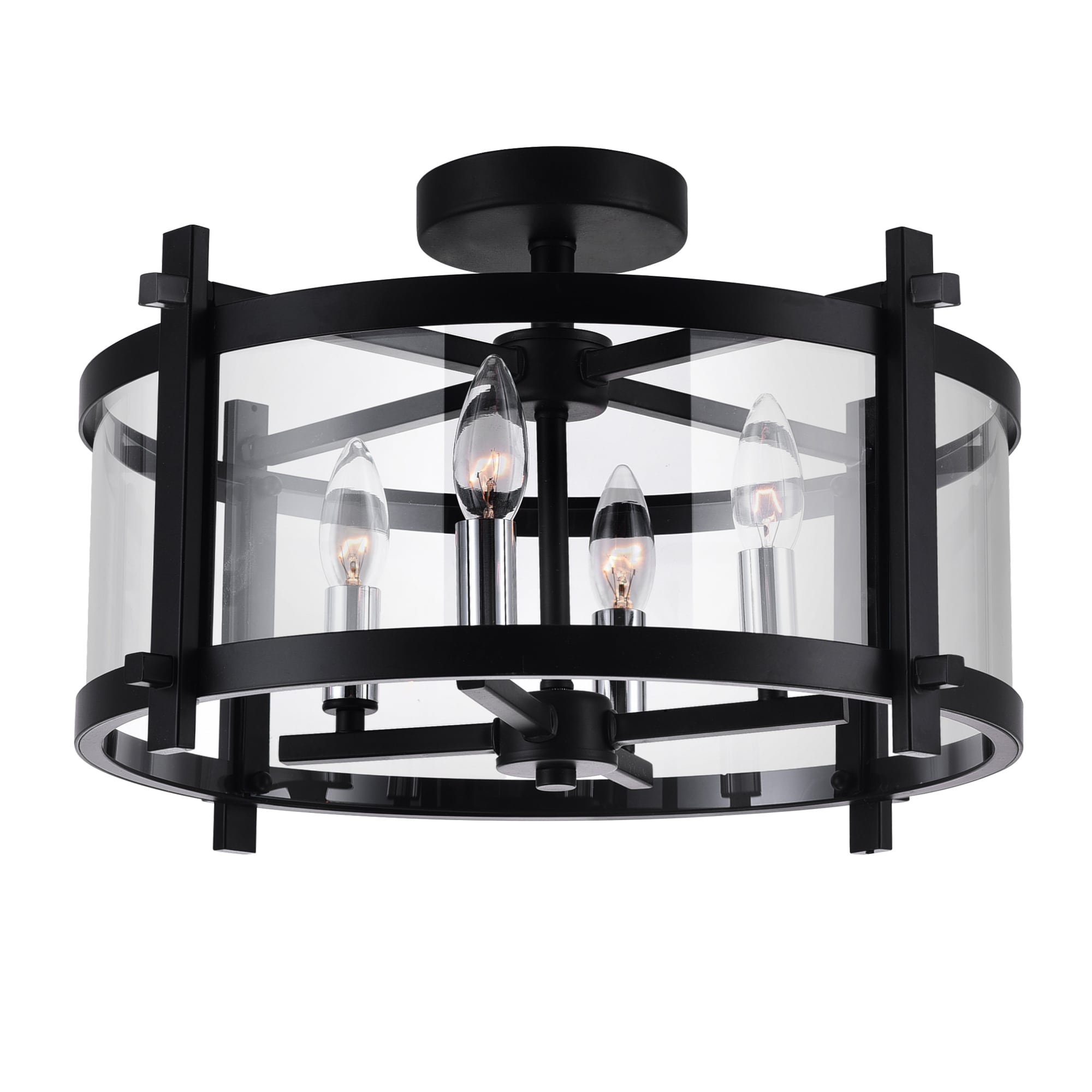 Black Steel and Glass Drum Semi Flush Mount Light