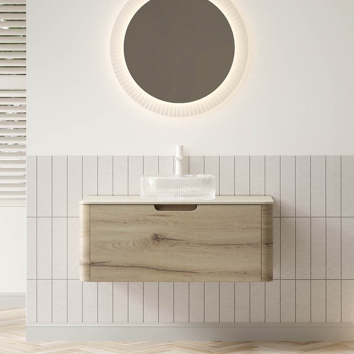 Afhocomp 30 in. Single Sink Wall-mount White Oak Bath Vanity with Biscuit/Bisque Sintered Stone Top Clear White Glass Sink Assembled