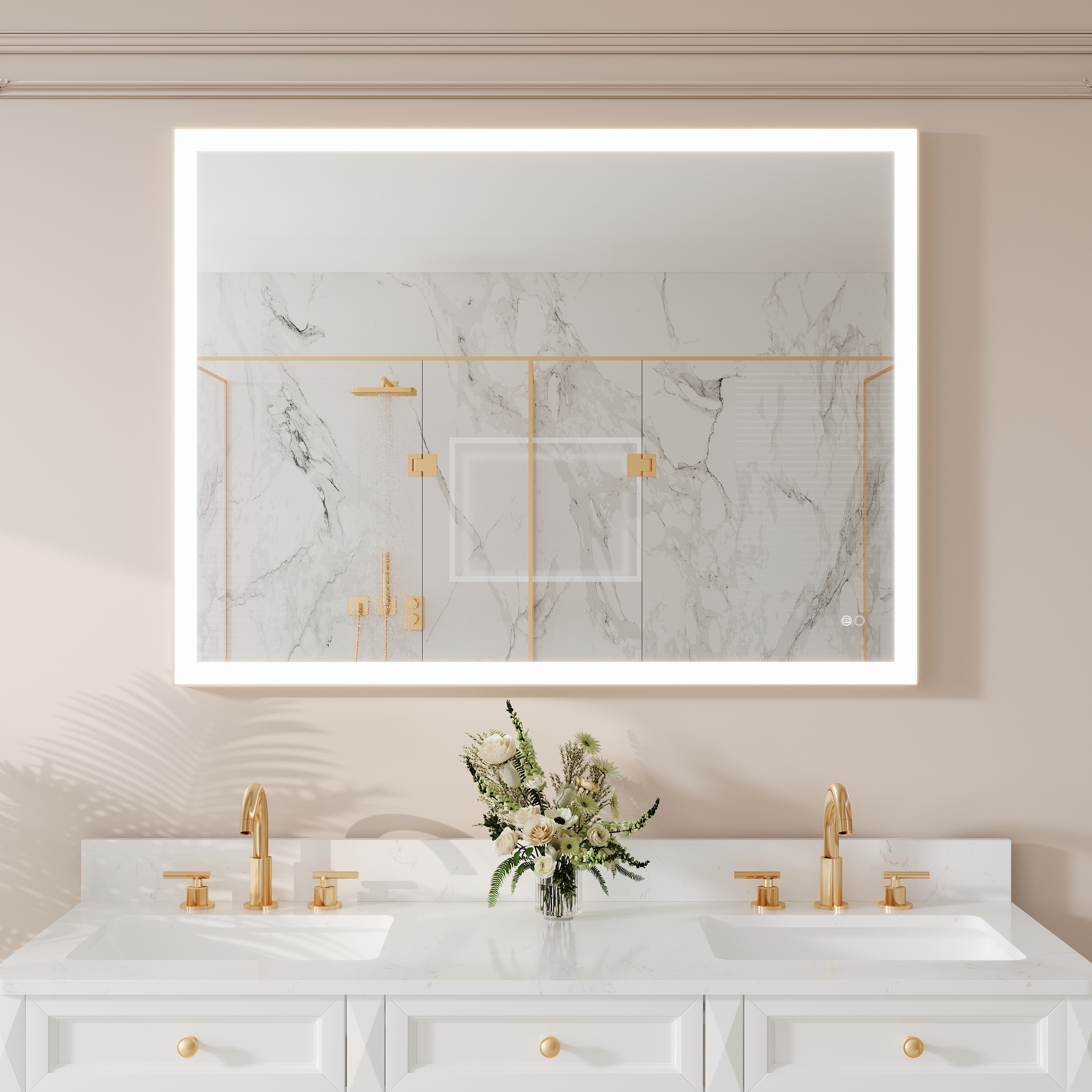 CALVON HML4836GD LED Mirror 48-in x 36-in Framed Rectangle Dimmable LED Lighted Fog Free Bathroom Vanity Mirror ( Gold )