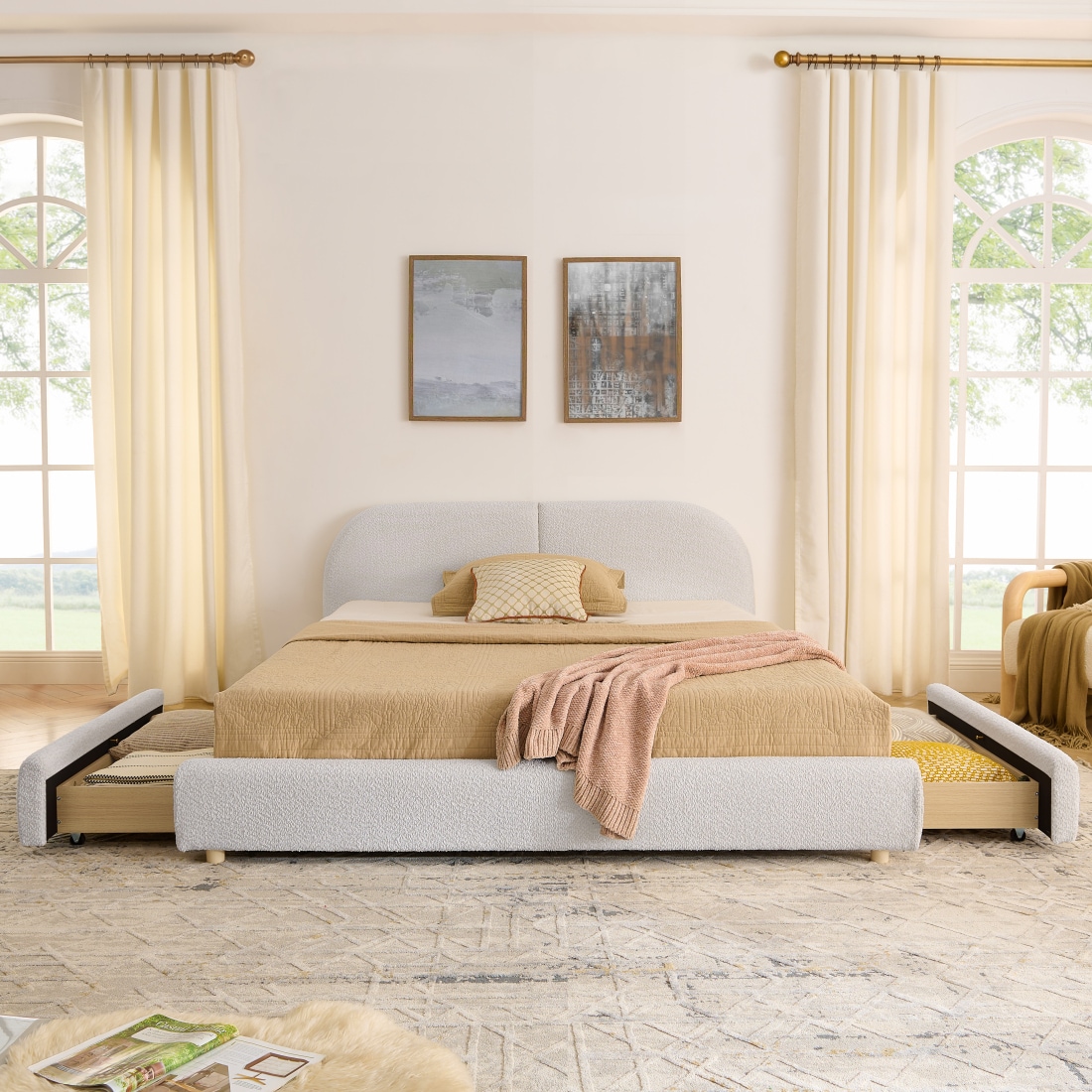 CHITA Queen Size Farmhouse Fabric Upholstered Bed Frame with 4 Storage ...