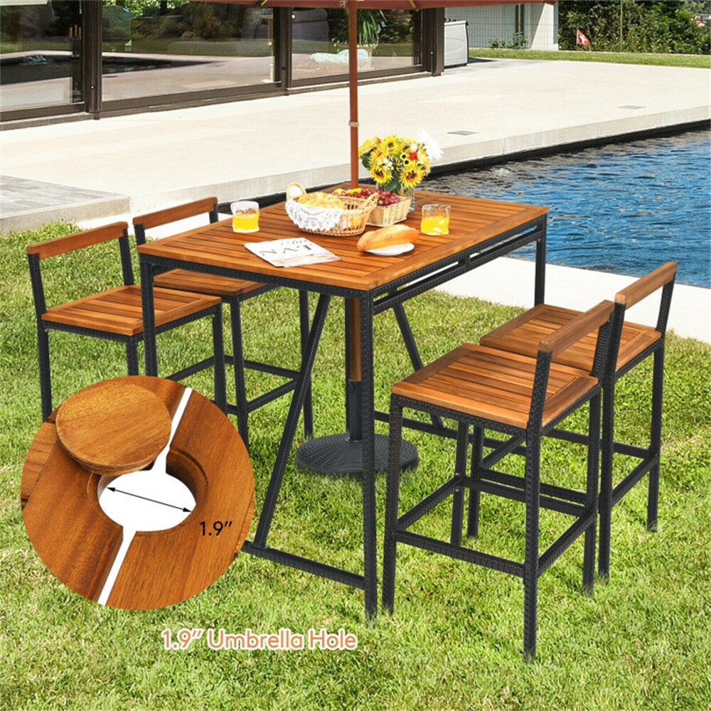 Baboom Outdoor Bar Set 5 Piece Brown Rattan Bar Height Patio Dining Set Wood Rectangle Table 