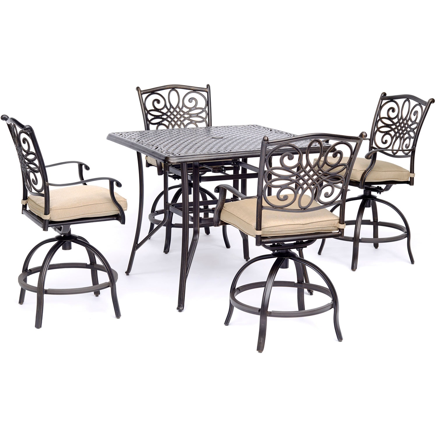 Hanover TRADDN5PCSQBR Traditions 5 -Piece Bronze Counter height Aluminum Square Table with 4 Tan Cushions Swivel Chairs