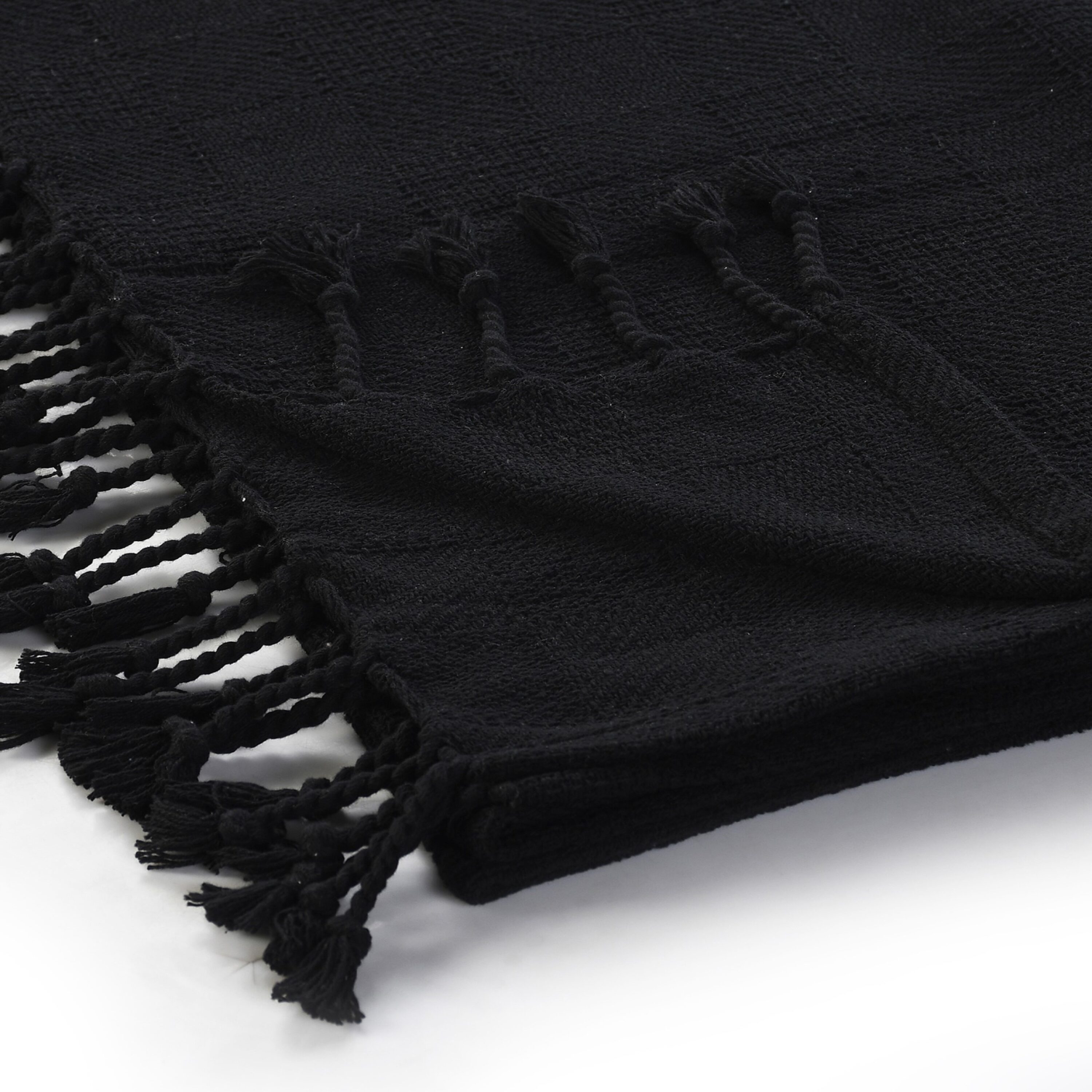 Cozy Cotton Checkered Weave Throw Blanket with Fringe - Black
