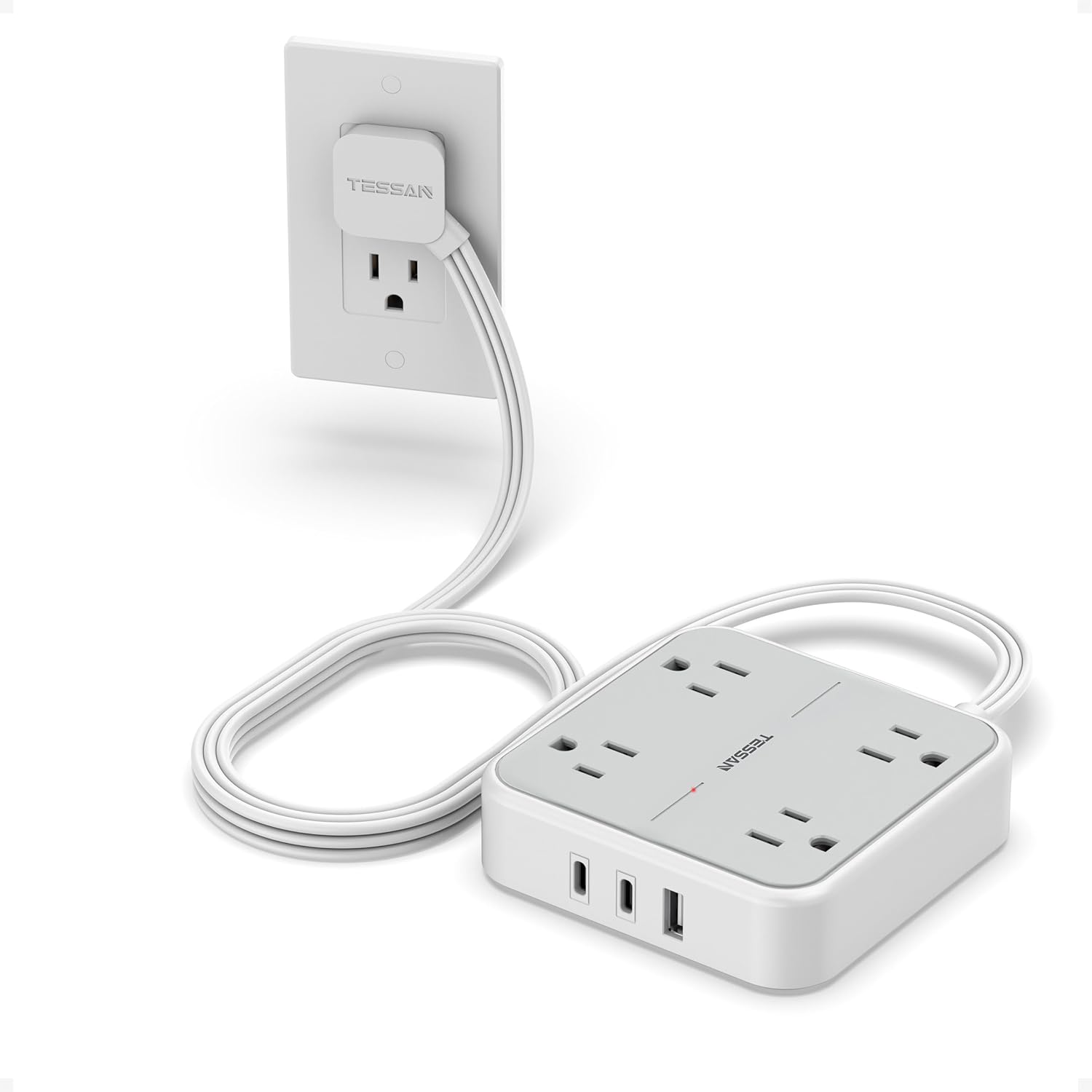 LENCENT Surge Protector Power Strip with 2 USB C 4 Outlets 3 USB Ports Flat Plug Extension Cord 5 ft Compact Multi Outlet Power Strip for Home Office Desk Dorm #PS01AUS