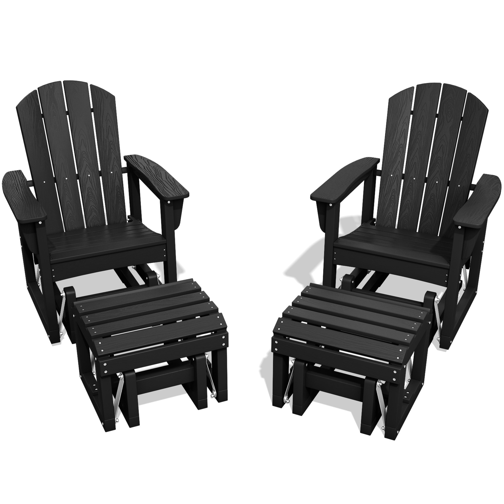 Serwall LS-DRGJ02-BK HDPE Adirondack Glider Chair and Ottoman Set 2 Sets 4 Piece Weather Resistant Patio Furniture with Rocking Style Motion