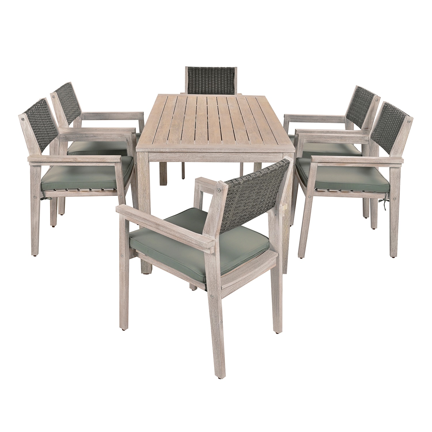 Bybafun YA3700464 7 -Piece White Washed Patio Dining Set Wood Rectangle Table with 6 Green Cushions Stationary Chairs