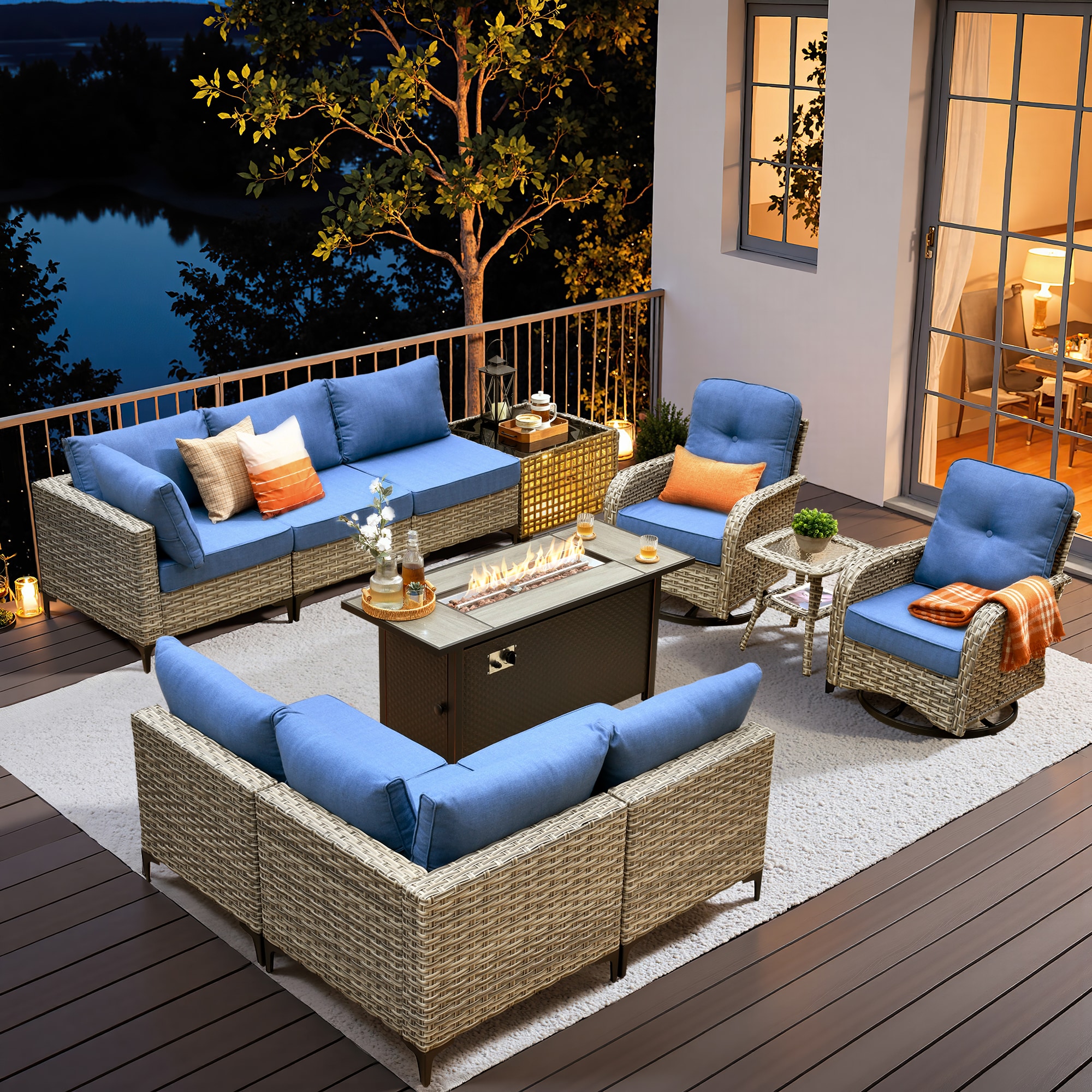 Pouuin SRFPYZSKT50 Wicker Outdoor Sectional with Light blue Cushions and Steel Frame