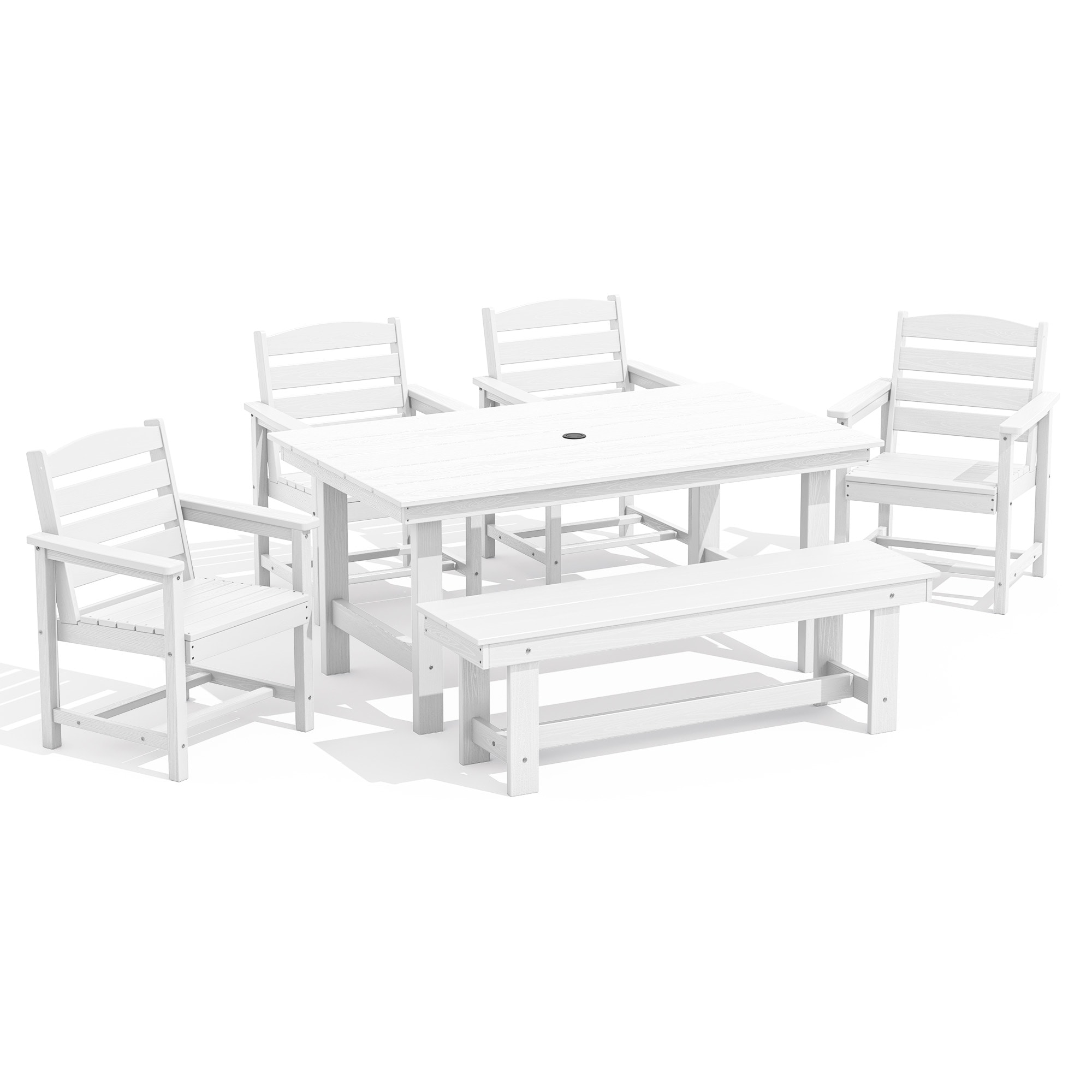 JEAREY PEJYCZY06-WE 6-Pieces HDPE Dining Set with 4 Chairs,1 Bench,1 Table 6 -Piece White Patio Dining Set Plastic Rectangle Table with 4 Stackable Stationary Chairs