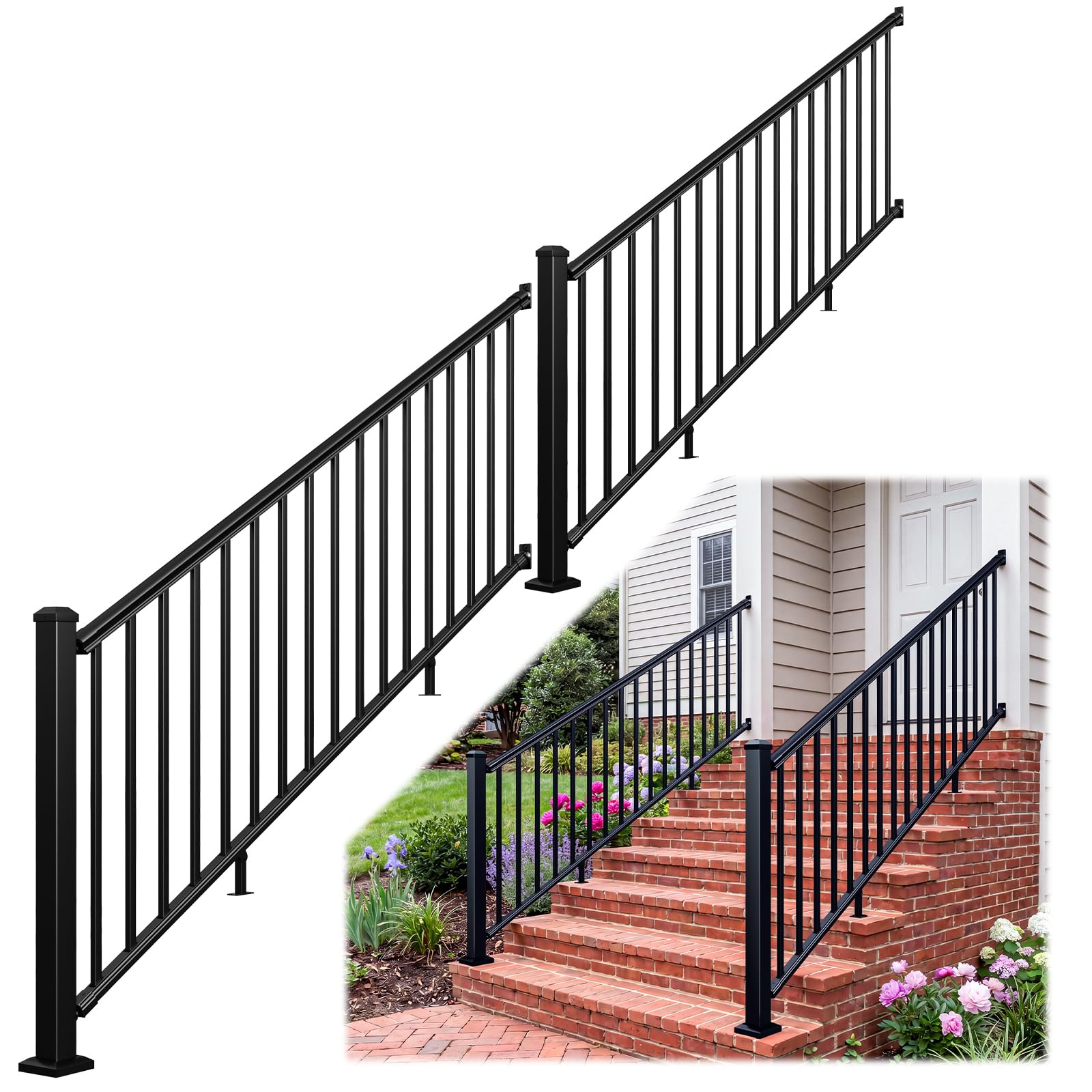 Misopily  36 in H x 16 ft W Aluminum Porch and Deck Railing Kit Black Textured Powder Coat Finish Stair Railing System for Concrete or Wooden