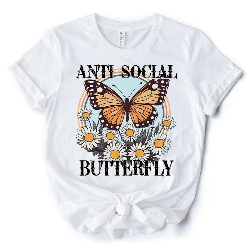 OrnamentallyYou TSHIRT1053-WHT-2XL Anti Social Butterfly T-Shirt Retro White and Natural Tee for Quirky and Independent Women