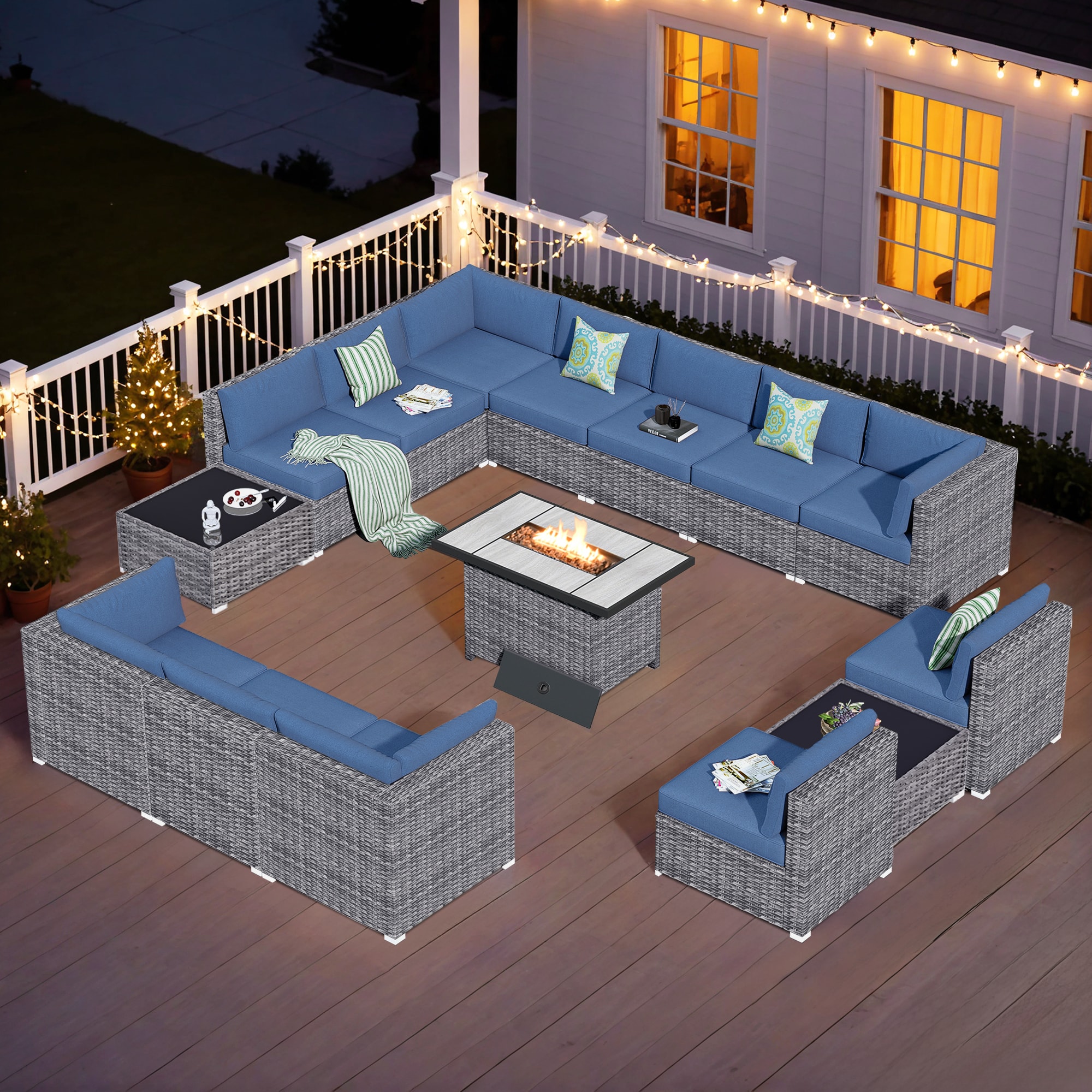 Pouuin SRFPHOP3014 15 -Piece Wicker 2 Patio Sofa Conversation Set with Blue Cushions