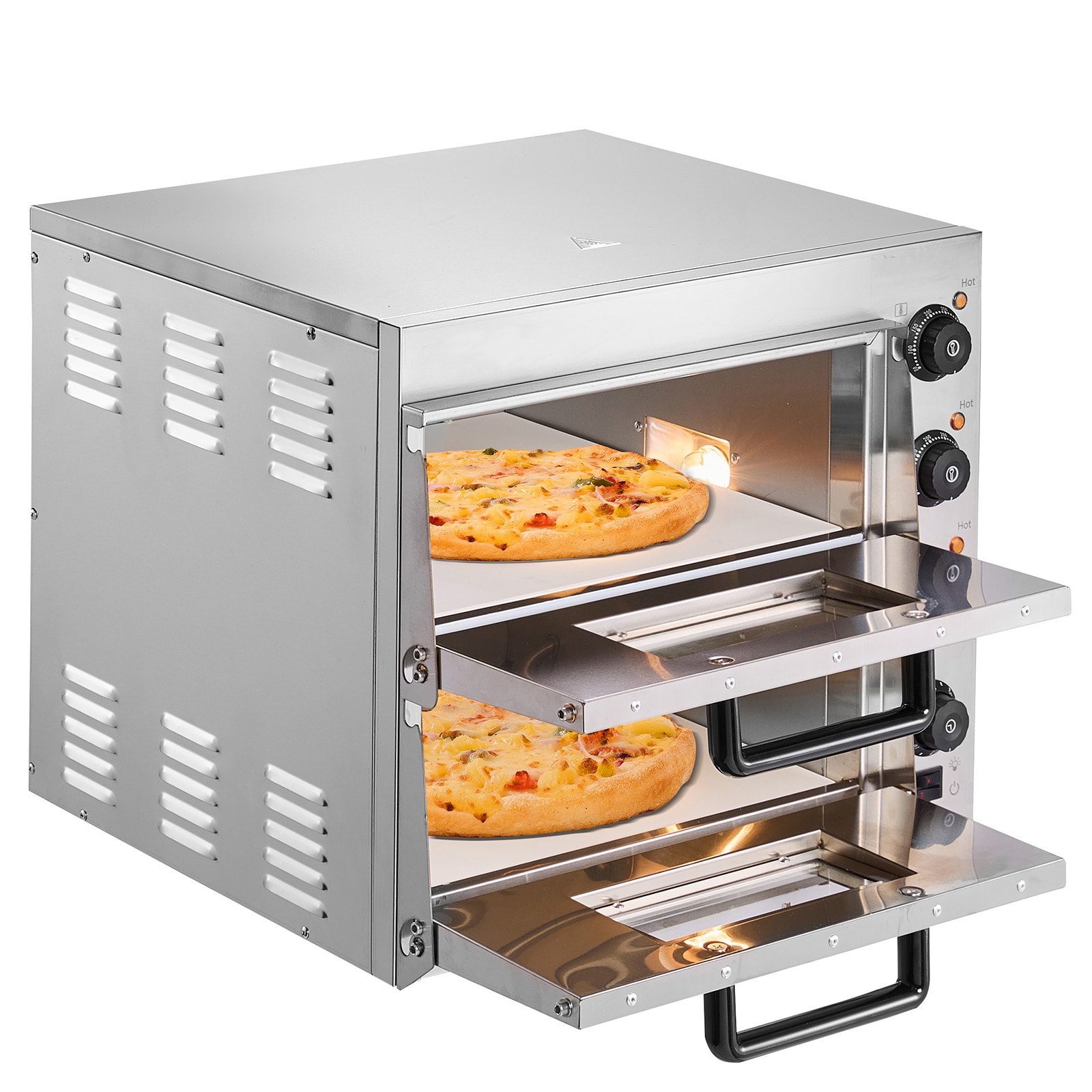 GIVIMO 16-in Double-Deck Commercial Pizza Oven Countertop 2700W Stainless Steel Electric Dual-Layer Pizza Maker with Stone for Restaurant Bakery