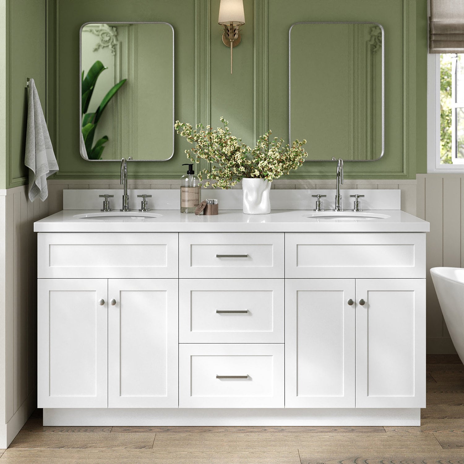 ARIEL F067DWQOVOWHT Hamlet 66-in White Undermount Double Sink Bathroom Vanity with Pure White Quartz Quartz Top