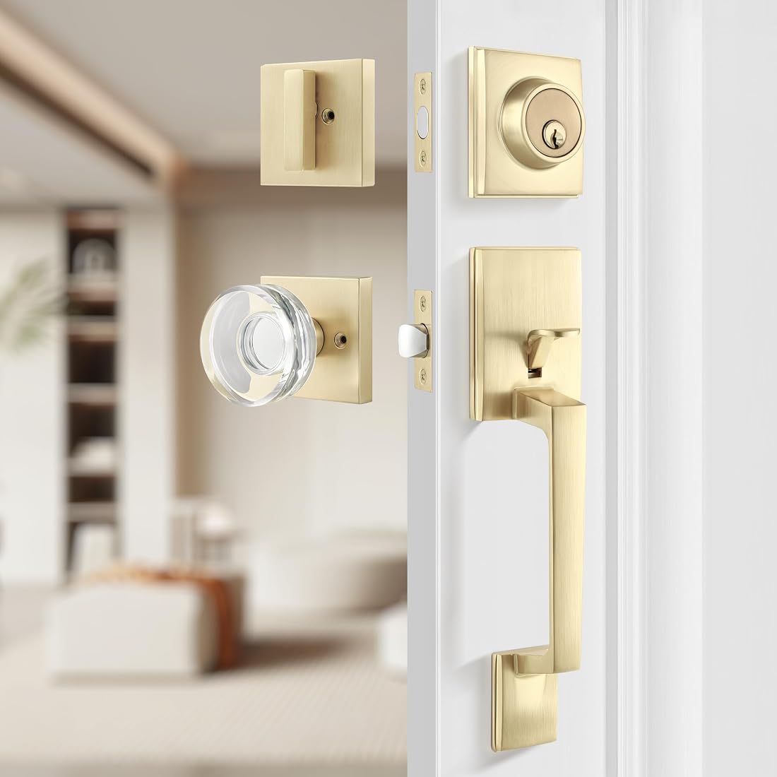 Aoibox  Keyed Entry Crystal Glass Door Knob and Single Cylinder Deadbolt Set Gold Finish Lock