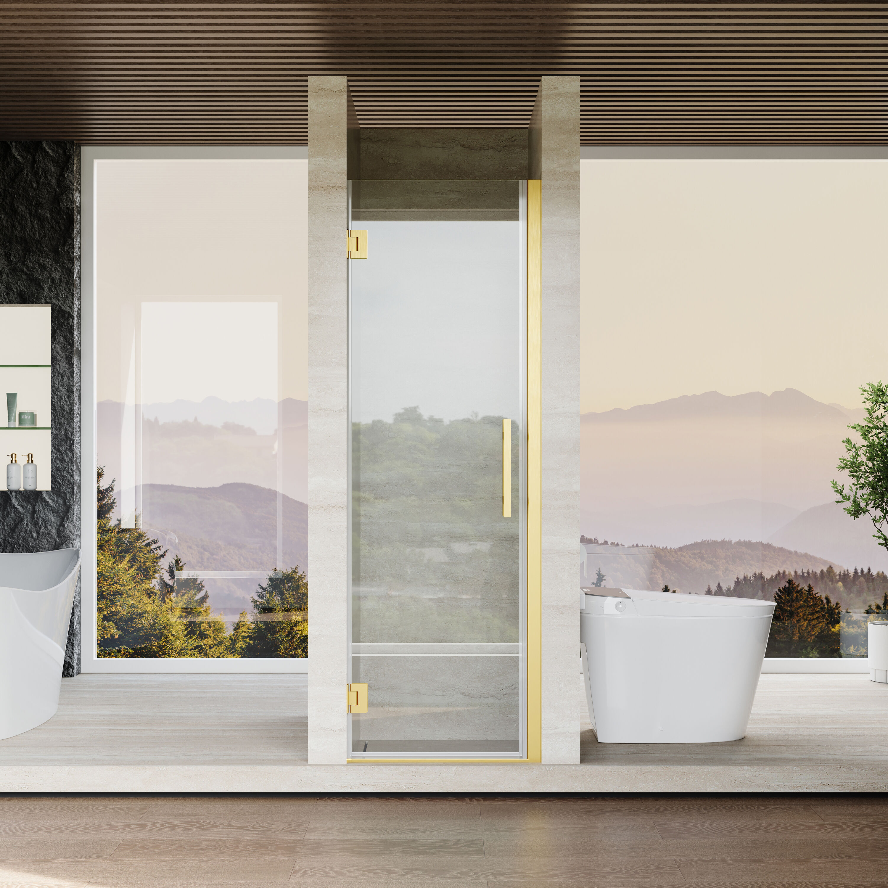 ANGELES HOME  23-in to-24-in W x 72-in H Frameless Hinged Shower Door with 3/8-in Clear Tempered Glass in Brushed Gold