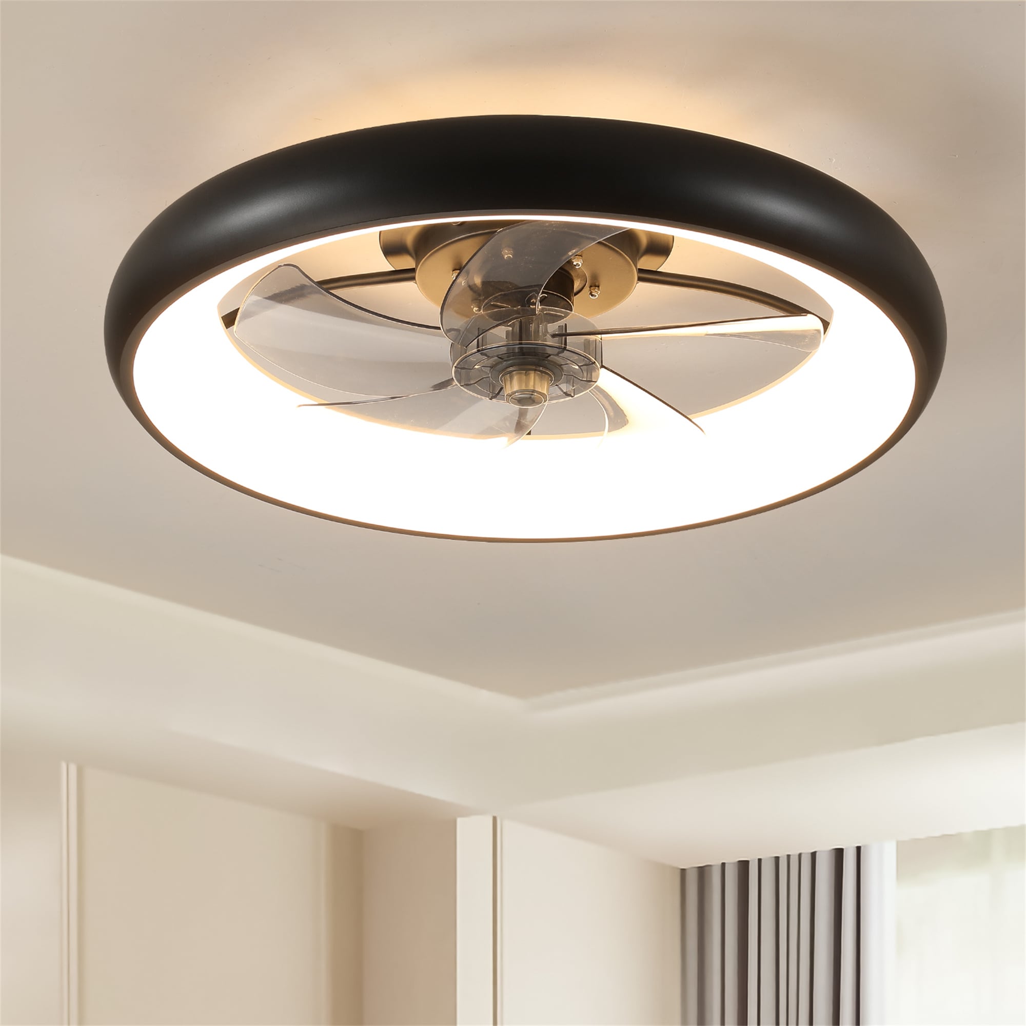 BABOOM BOM-0103791-OR MODERN CEILING FAN WITH LIGHT 21.7-in Color-Changing Integrated LED Flush Mount Black White with ABS Blades Fandelier Ceiling Fan With Light - Remote Included ( 5 -Blade )