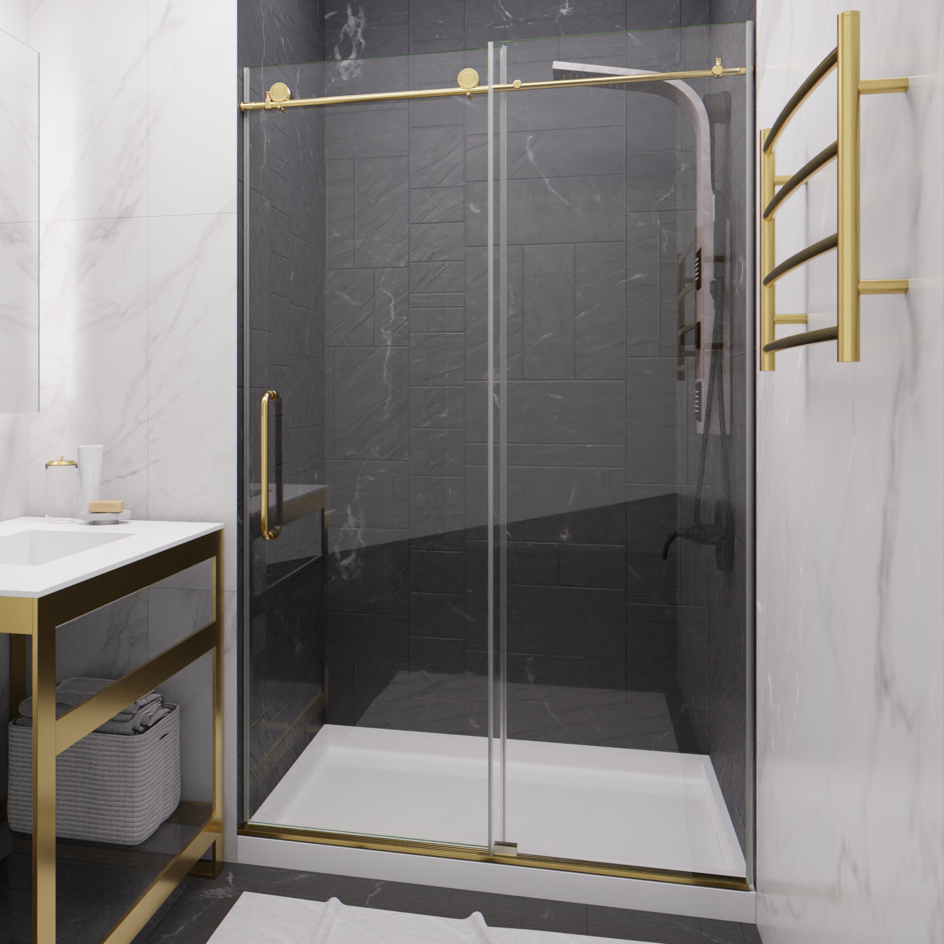 ANZZI SDLSX Series Brushed Gold 48-in W x 76-in H Frameless Clear Glass Bypass Sliding Shower door